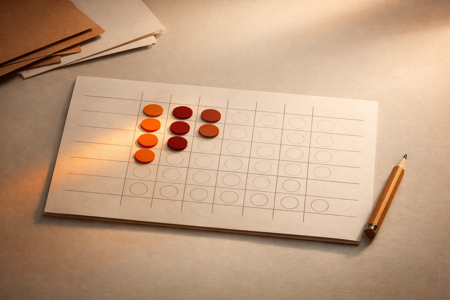 A still life of a physical scorecard: a thick white paper with clear columns, a few colored disks or markers (orange shades) deliberatively placed in scoring boxes, and a stubby graphite pencil lying nearby. Some scoring areas are highlighted with warm light; others remain faded, showing gaps or issues yet to be addressed. No visible writing, text, hands, or UI. Editorial, minimal, and human in its arrangement—warm orange palette on a clean white surface.
