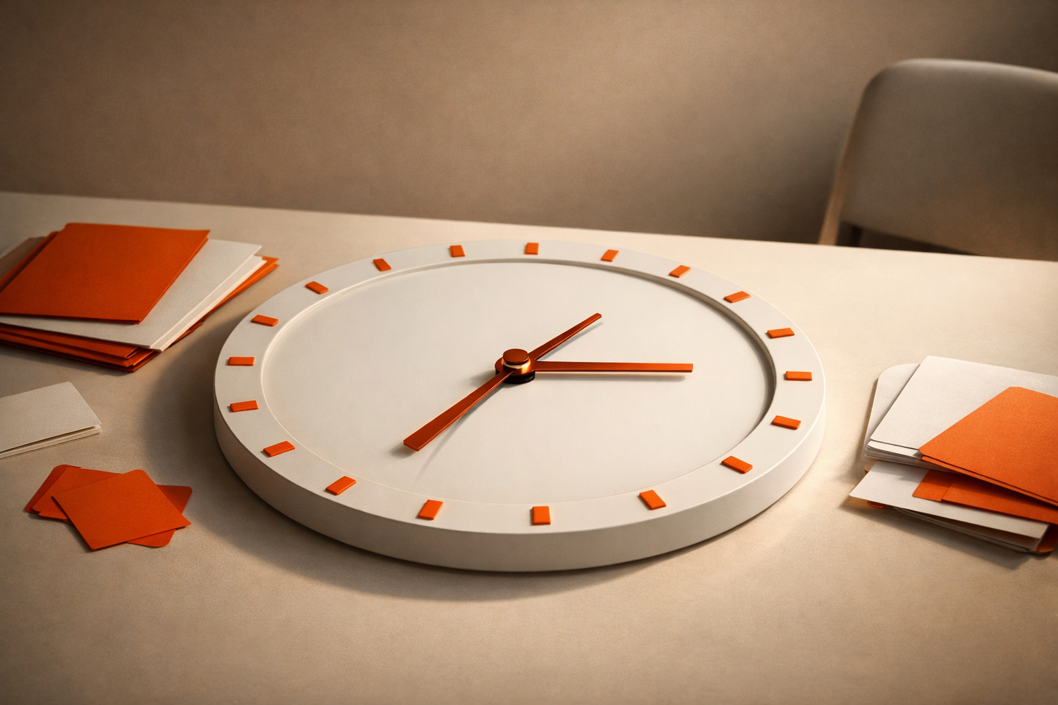 A modern desk scene with a single, well-crafted analog clock and a recurring sequence of small, bright orange markers set at regular intervals on a circular white tray—representing review cadence. An empty, reserved-looking chair stands at a distance, suggesting invisible relentless ownership. Warm, editorial lighting with orange highlights. No text, numbers, digital UI, or hands. Minimal, disciplined, and loaded with intent.