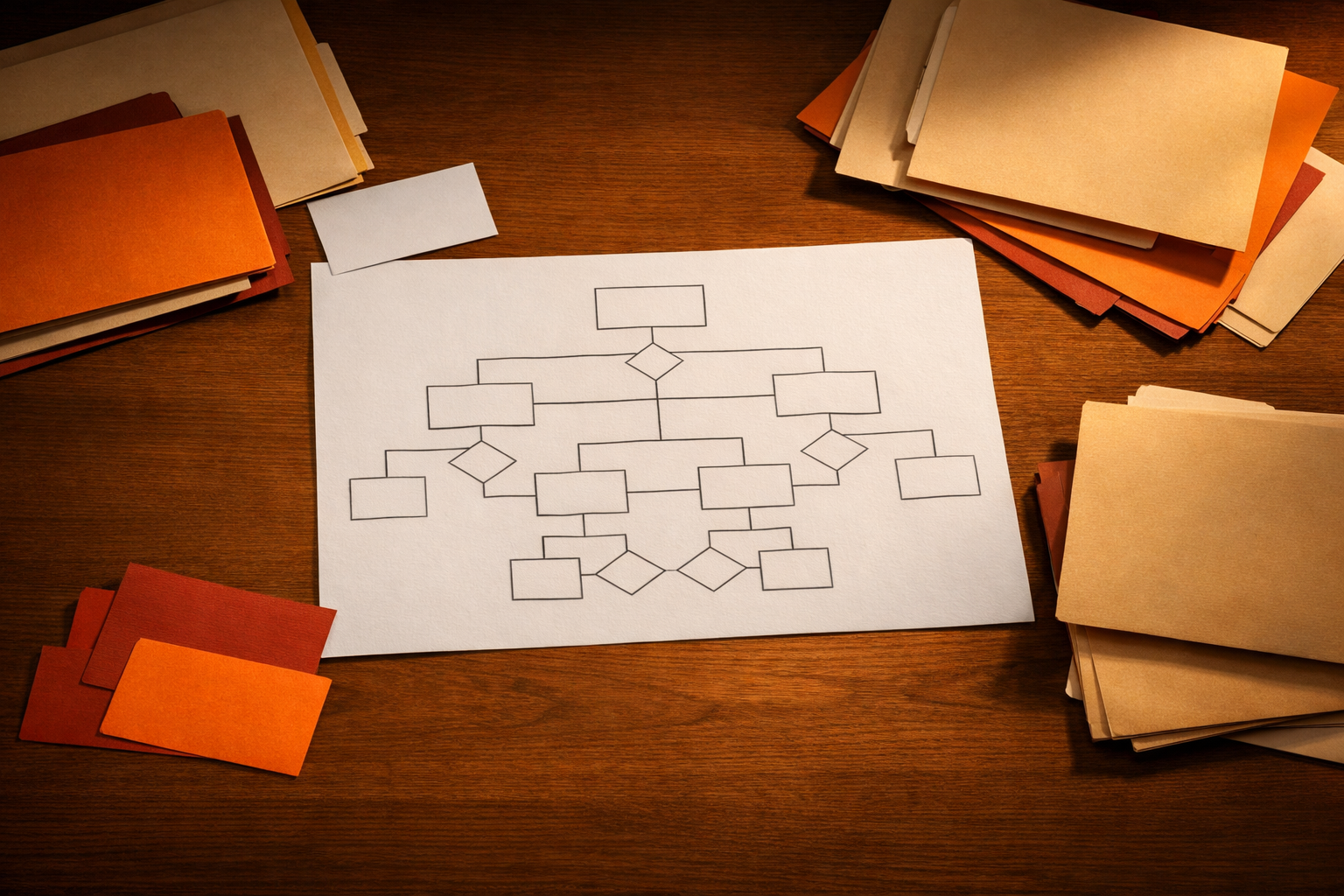 A tidy, warm-lit tabletop scene showing a blank, branching flowchart on thick white paper, surrounded by different colored cards and folders—some precise, others slightly askew or sticking out as if recently discovered. A soft orange glow highlights a few 'edge' folders, suggesting shadow systems just brought into view. No visible text, screens, or body parts. Generous space, editorial, with a subtle tension between official and newly surfaced elements.