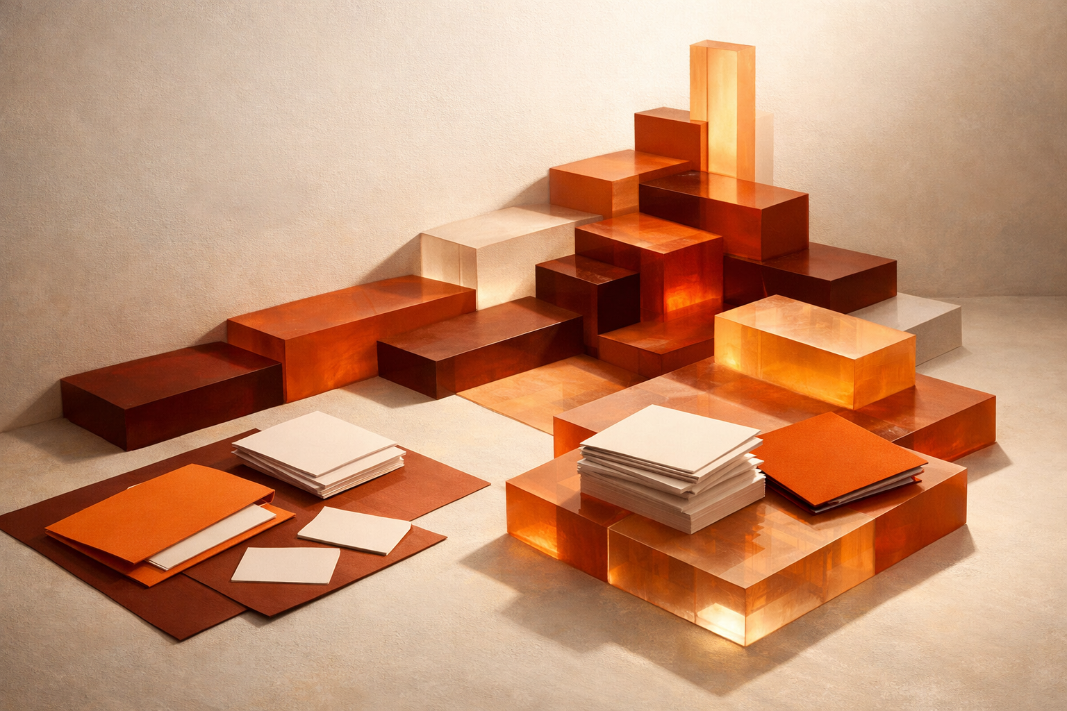 A cinematic still life showing a layered architectural foundation of translucent, warm-toned blocks beneath a softly glowing, minimal structure. Some blocks are missing or shadowed; a beam of warm light highlights the gaps and guides attention to newly reinforced layers. No visible people, hands, text, or screens. Editorial, minimal, orange and warm-neutral palette, generous space.