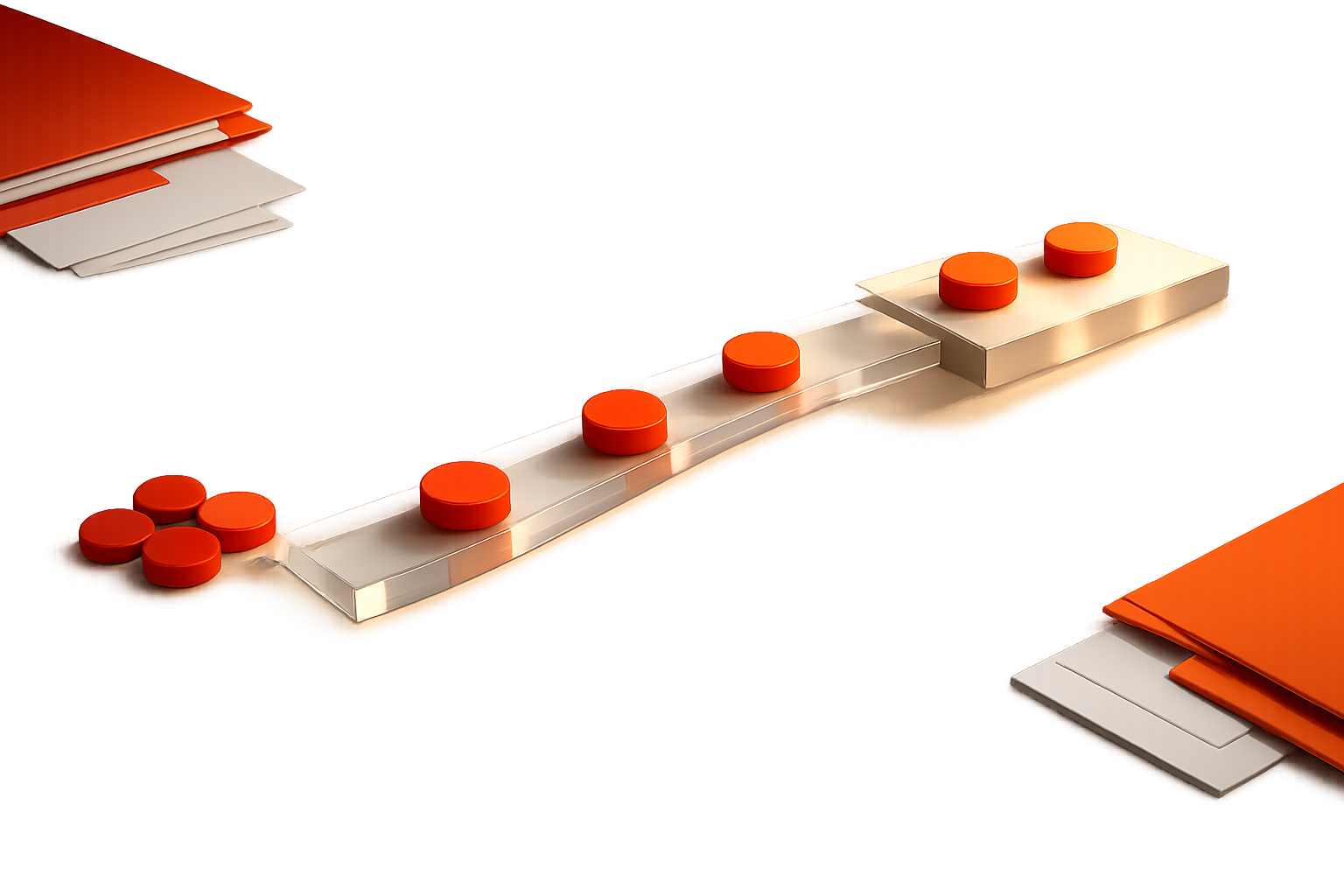A minimal, cinematic desktop featuring three orange tokens or markers sliding from a labeled 'threat' area through to a well-defined 'fix' zone. Each marker rests in a visible path or tray bridging the gap, with soft orange light illuminating their journey. A few remaining tokens wait at the start, showing there’s always more to do. No text, screens, labels, or hands. Editorial, tangible, and cleanly structured.