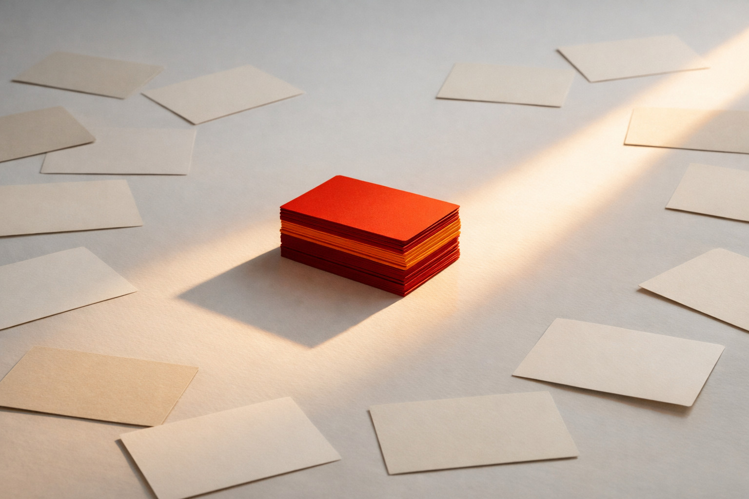 A focused, editorial tabletop showing a small stack of warning-red cards at the center of a wide white surface, each with a vivid orange edge revealed by soft angled light. Around them, neutral blank cards form a loose, ordered perimeter. The lighting and composition lock focus on the few urgent issues. No text, hands, or icons—just the tension between crisis (colored threat cards) and calm (blanks around). Warm, minimal, and cinematic.