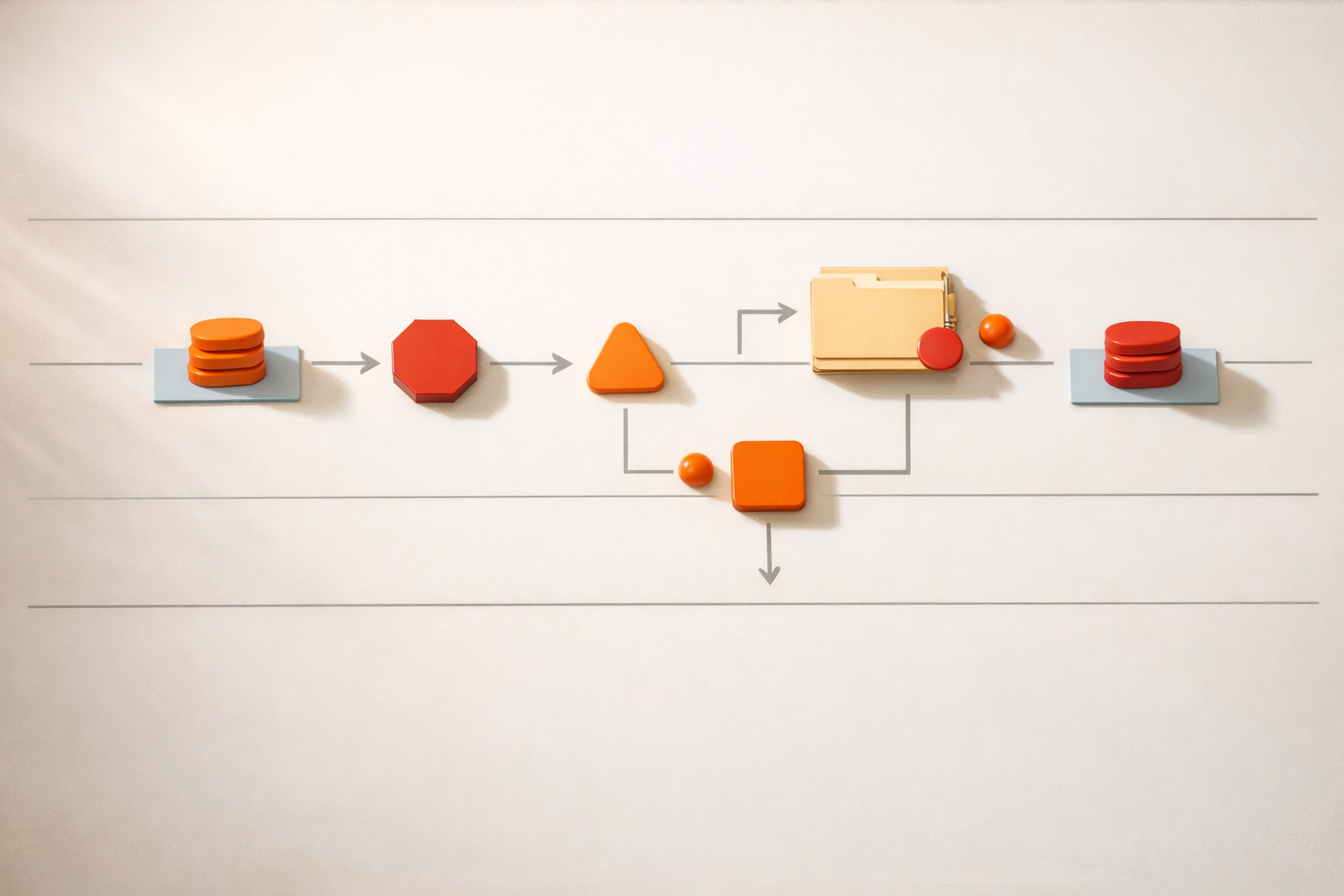 Diagrammatic workflow map drawn on a neutral surface, with key steps represented by colored tokens and three friction points marked by attention-grabbing markers. Scene is object-only, tidy, and cinematic. No people, text, dashboards, or screens.