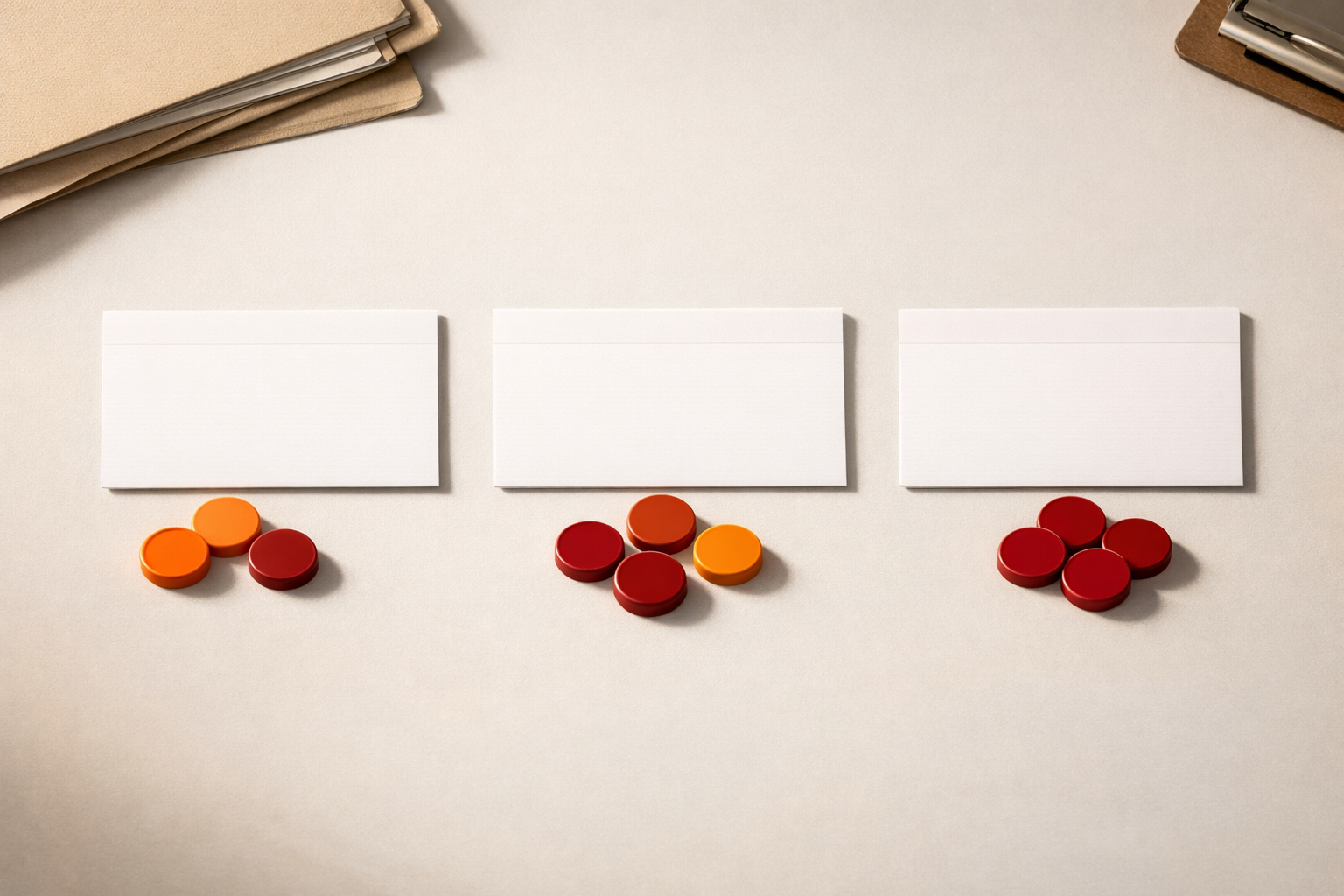 Three minimalist index cards labeled (non-textually) for urgency, complexity, and impact, with orange and burnt red tokens beside each. The scene is crisp, inviting, and silently suggests a process for scoring tickets. No text, people, or devices.
