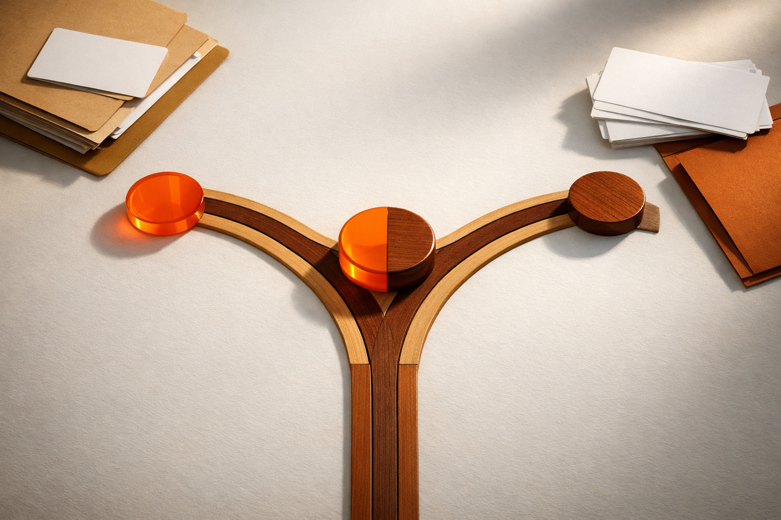 A minimalist editorial tabletop showing a forked flow of wooden lanes or inlaid tracks—one lane leading to an orange acrylic AI-assist token, another to a deep orange human-response token, and a third central path to a combined marker. No people or text. Scene signals decision logic without digital cues.