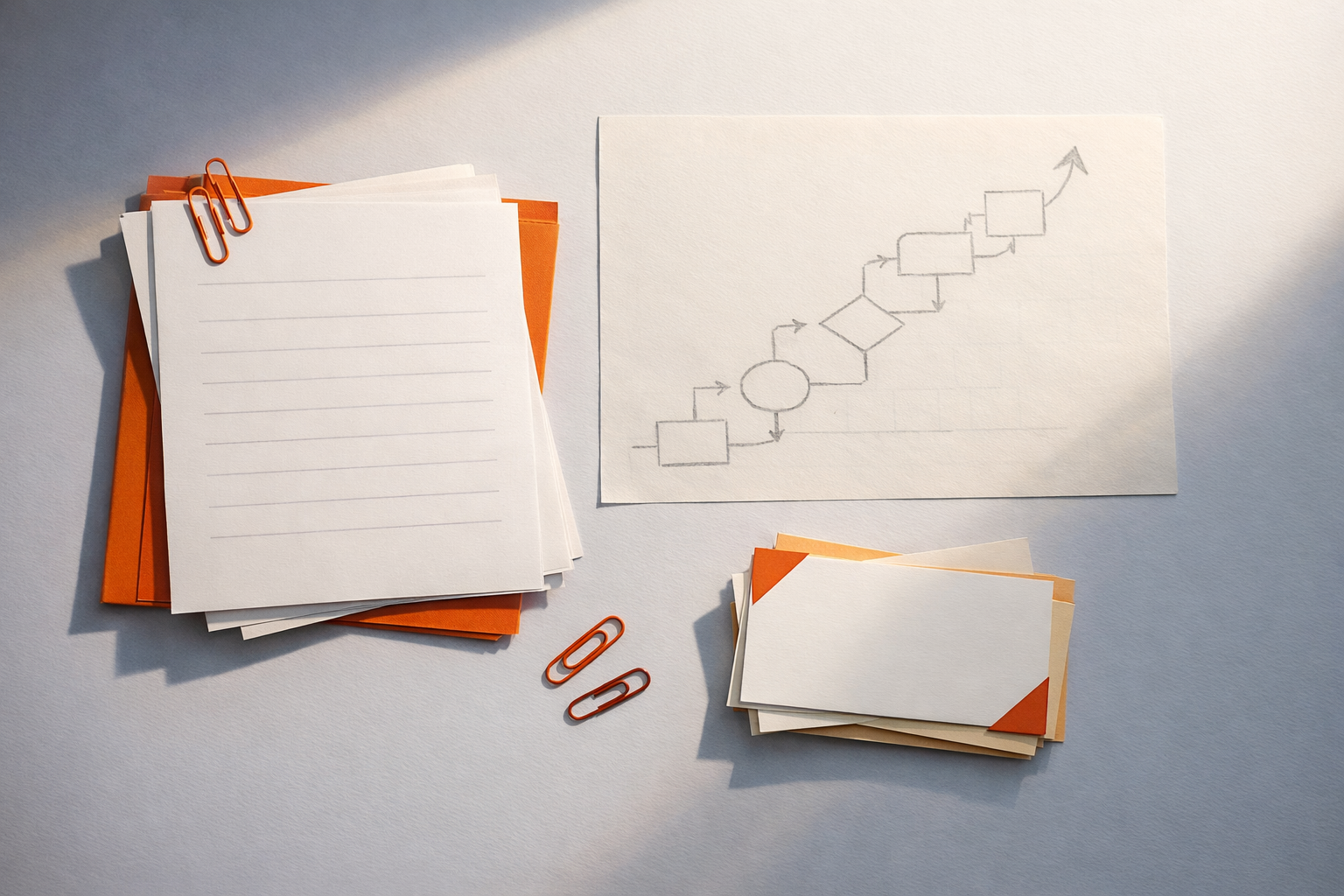 A warm, intentional still-life shows blank support workflow forms, rubric cards, and an artifact mapping worksheet arranged neatly on a minimal white surface, highlighted by soft, directional light. Scene feels editorial and inviting; no text or people.