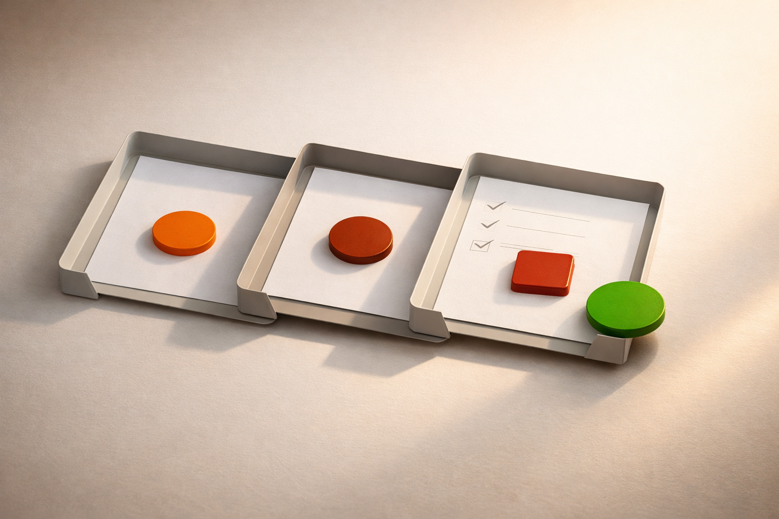 Three minimalist folders or acrylic trays, each holding a distinct token (orange, deep orange, burnt red), arranged in a stepped sequence across a clean white tabletop. The final step is marked by a bold confirmation token. No text or people, just objects and clean shadowing.