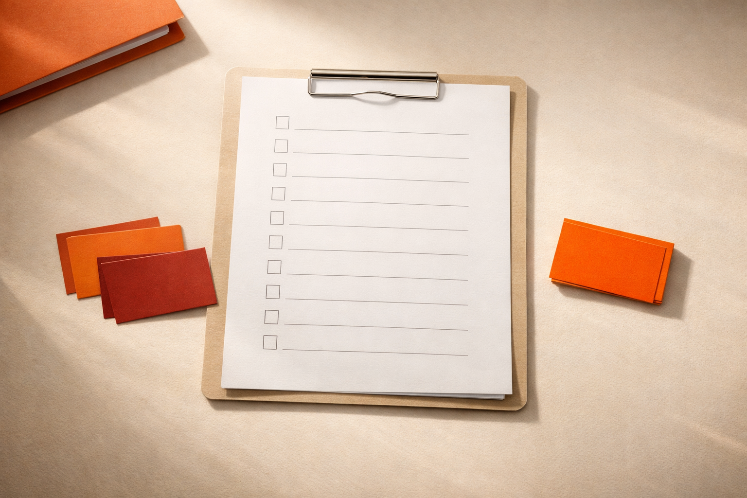 A blank checklist page with three neat prompt cards organized beside it, all arranged on a softly lit, warm white tabletop. No text or visible brand marks, no people, just elegant evidence of a tone system ready to be used.