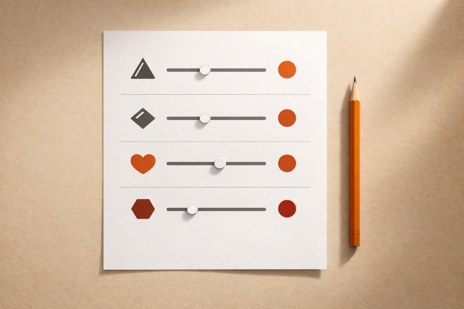 Minimal tabletop with a scorecard: four rows, each with an icon and marking dot, alongside a simple slider dial. The design feels honest and factual. No text, no hands, pure artifact clarity.