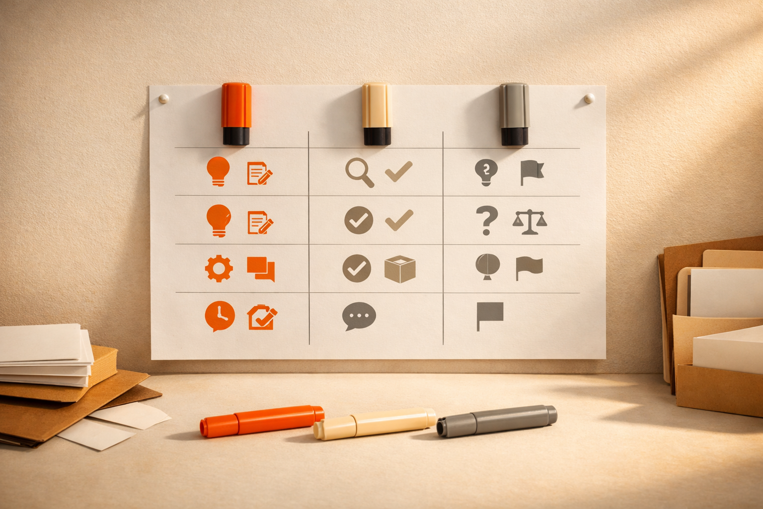 Minimal still life: a document with three columns, marked by colored sticky markers and abstract task icons, set neatly on a desk. The arrangement signals personal mapping to AI, no visible text or people.