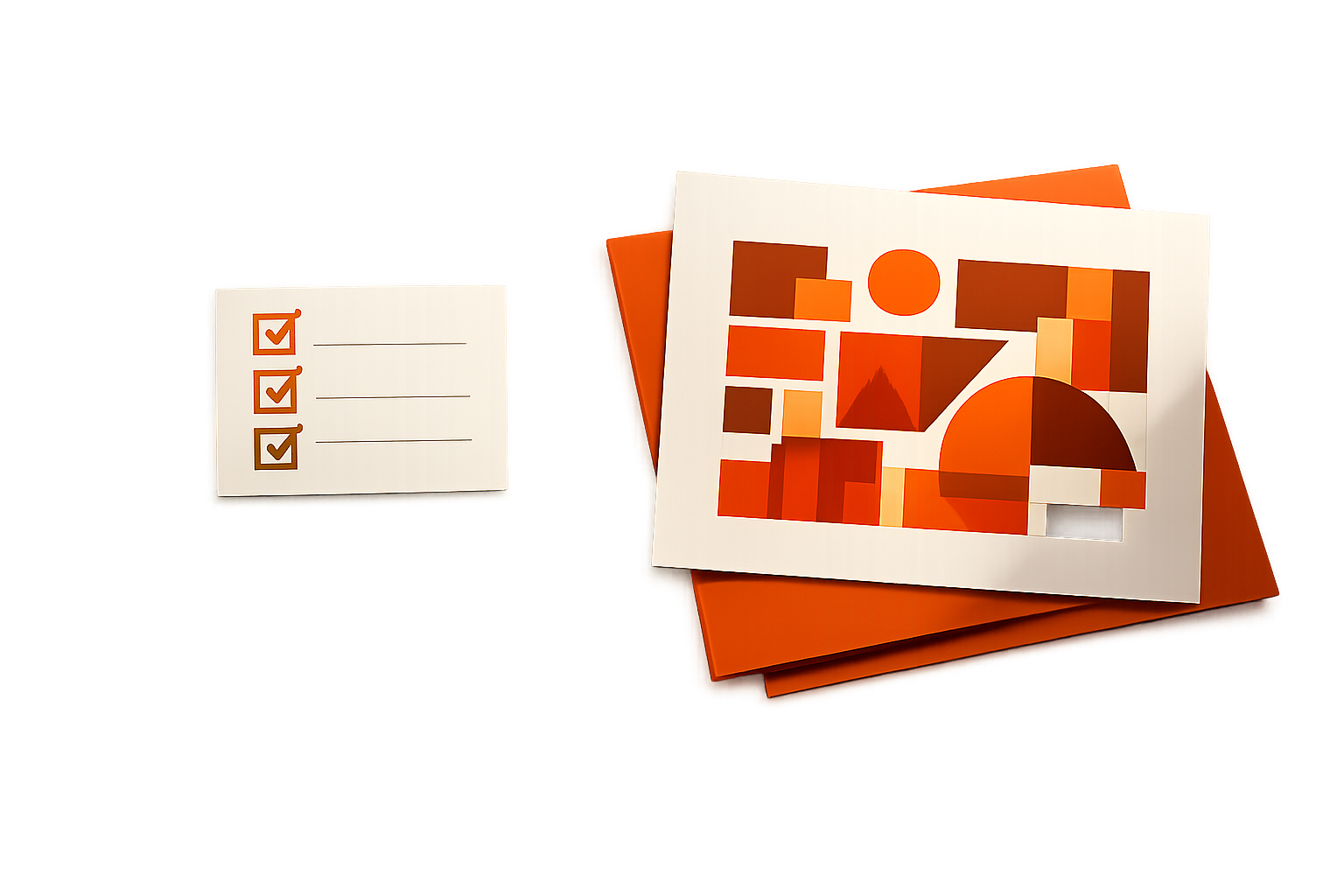 Editorial tabletop: a checklist card with three colored checkboxes, blank lines beneath, placed beside an abstract printout. No text, people, or devices—pure artifact, verification as habit.