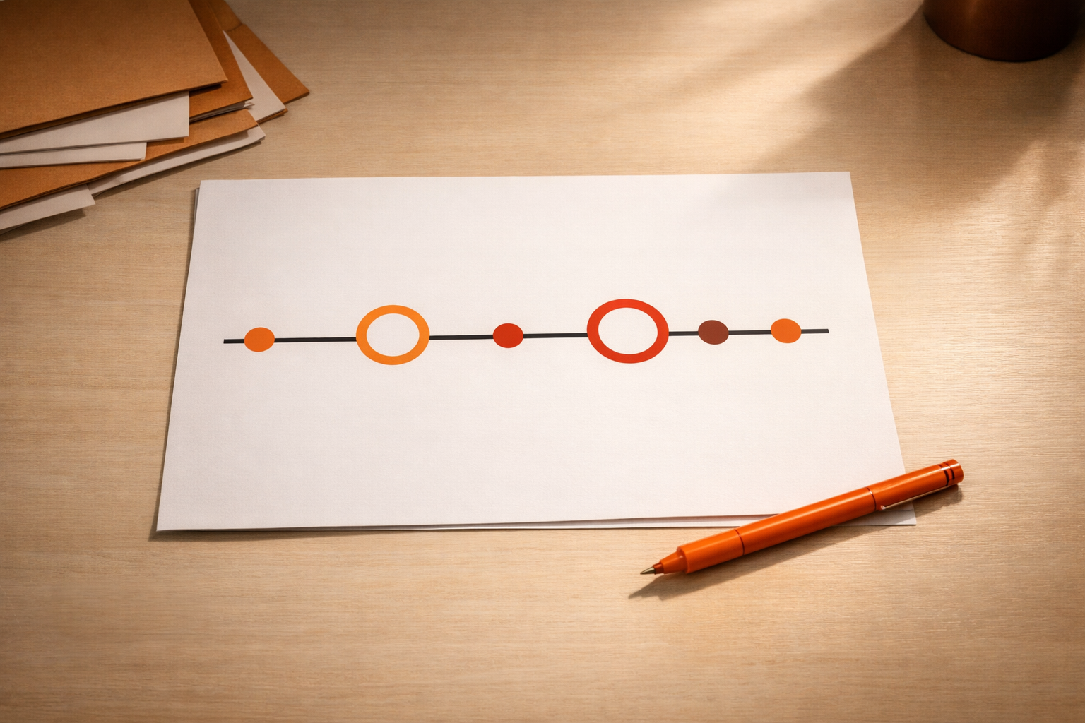 Minimal editorial still: a single plan sheet with a marked timeline, milestone dots, and checkpoints, placed on a bare desk with an orange pen. The scene conveys visible future steps, no text or people.