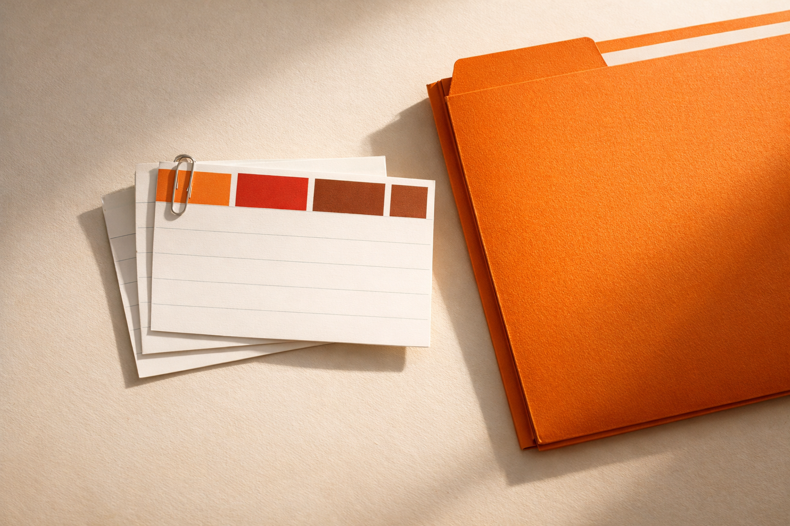 Top-down image of three stacked index cards with spaced blocks and colored accents, clipped together next to an orange file folder. Cards imply a captured sequence of work without words. No people or text present.