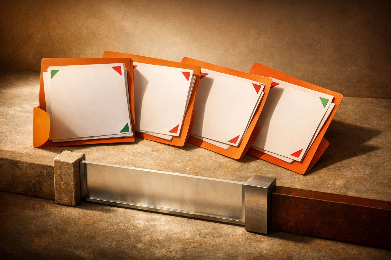 Cinematic still-life: several open folders on a stone table, each with a sheaf of blank documents partially revealed and pass/fail stamps at the corners. At one side, a solid gate object or boundary marker sits, visually blocking the path. No text, people, or digital screenshots.