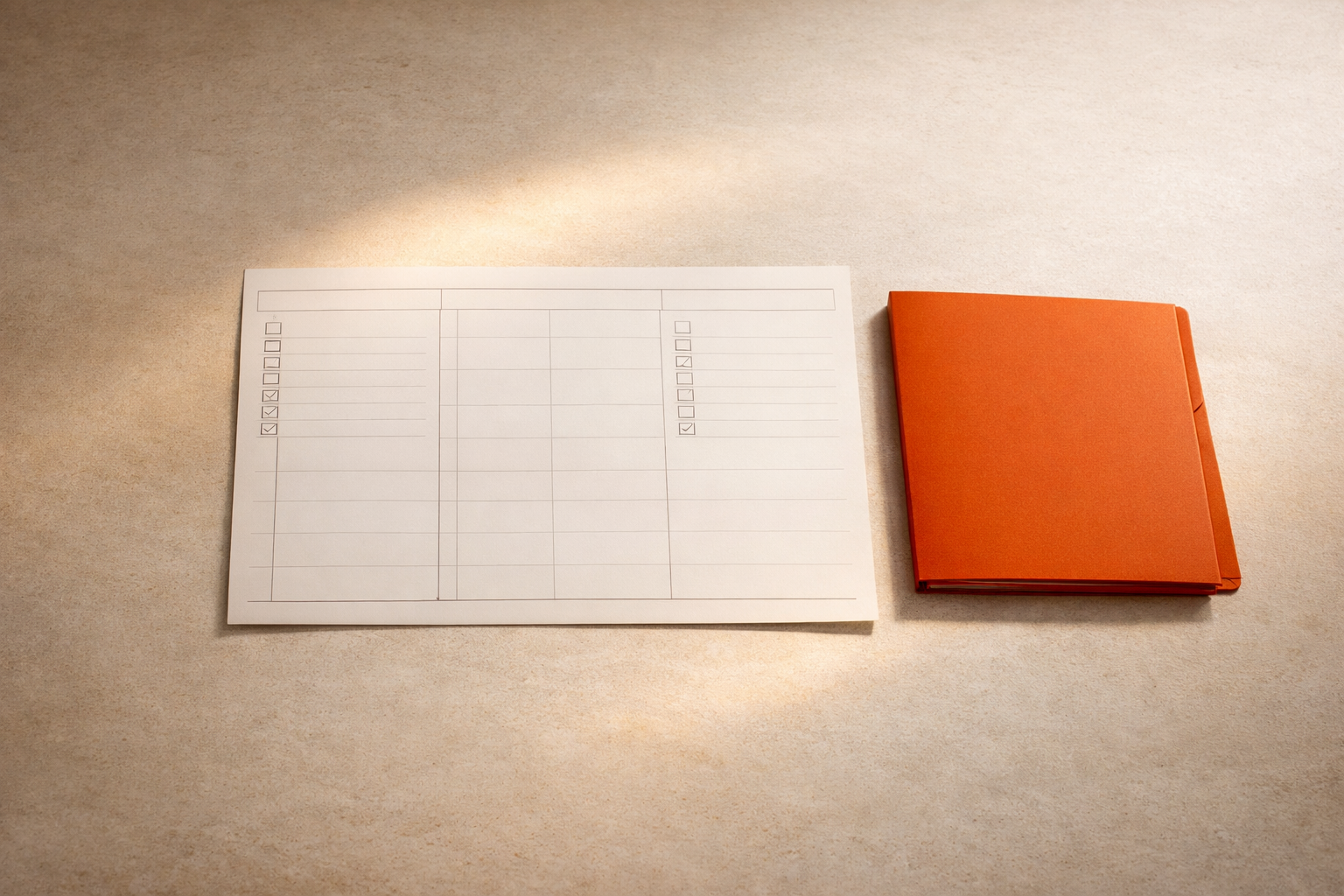 Editorial close-up of an artifact: an unattended, blank ledger page with distinct sections and empty checkboxes, set on a minimal table with a closed folder nearby. Composition highlights the clarity and structure; no text, people, or digital elements.