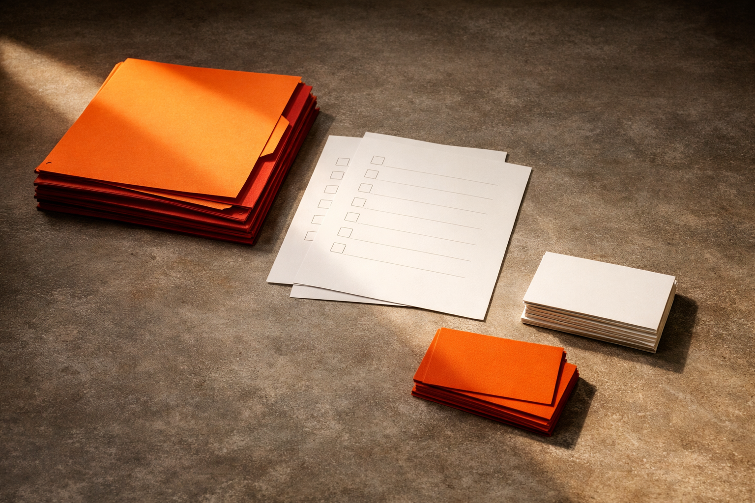 Still-life of a minimal, organized workspace with artifact folders and blank checklists under a beam of warm, directional light—no people, logos, text, or technology shown directly. The scene is spacious, intentional, and cinematic, using only the Roast & Rise orange and neutral groups.