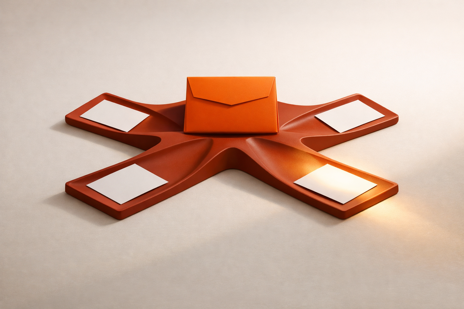 Editorial overhead view: one sealed orange folder at the top of a minimal tray or sorter, with five empty cards branching below—each card sits in a channel representing buy, build, partner, pause, or exit paths. Only one is illuminated by warm light. No text, people, symbols, or digital UI.