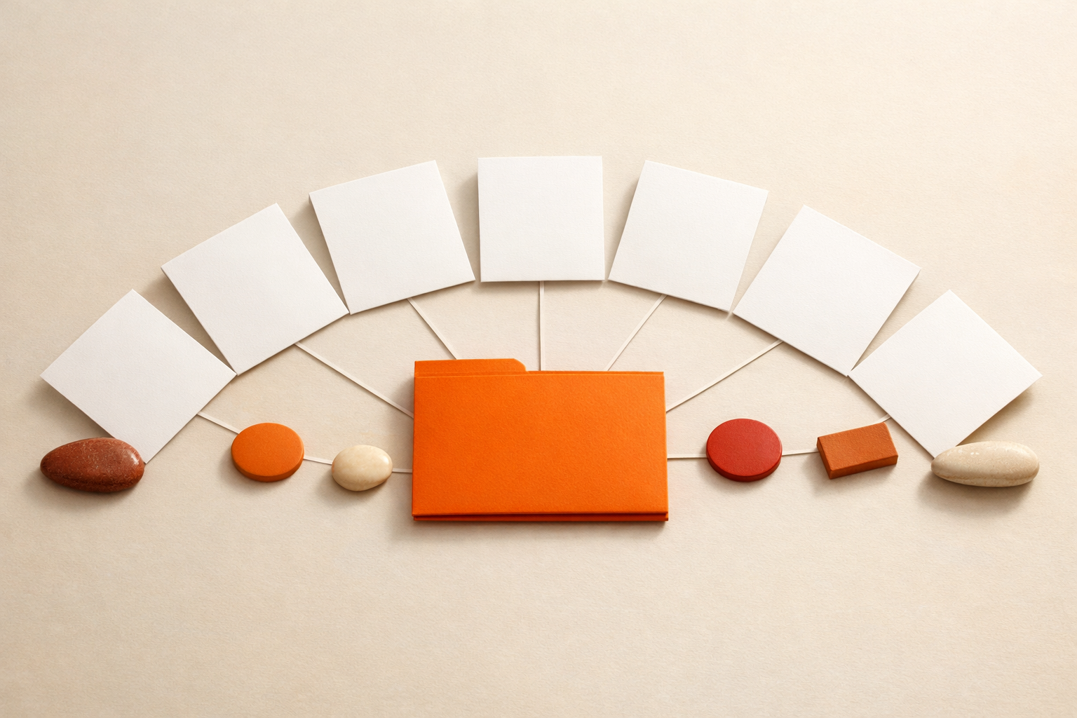 Overhead editorial diagram: one open folder at center, from which several blank folded cards radiate outward, each positioned near a distinct object (token, disc, or marker) symbolizing a workflow, boundary, or gate. All cards are unmarked. No people, text, or UI elements are present. Visual style is minimal, editorial, and uses the warm orange palette.