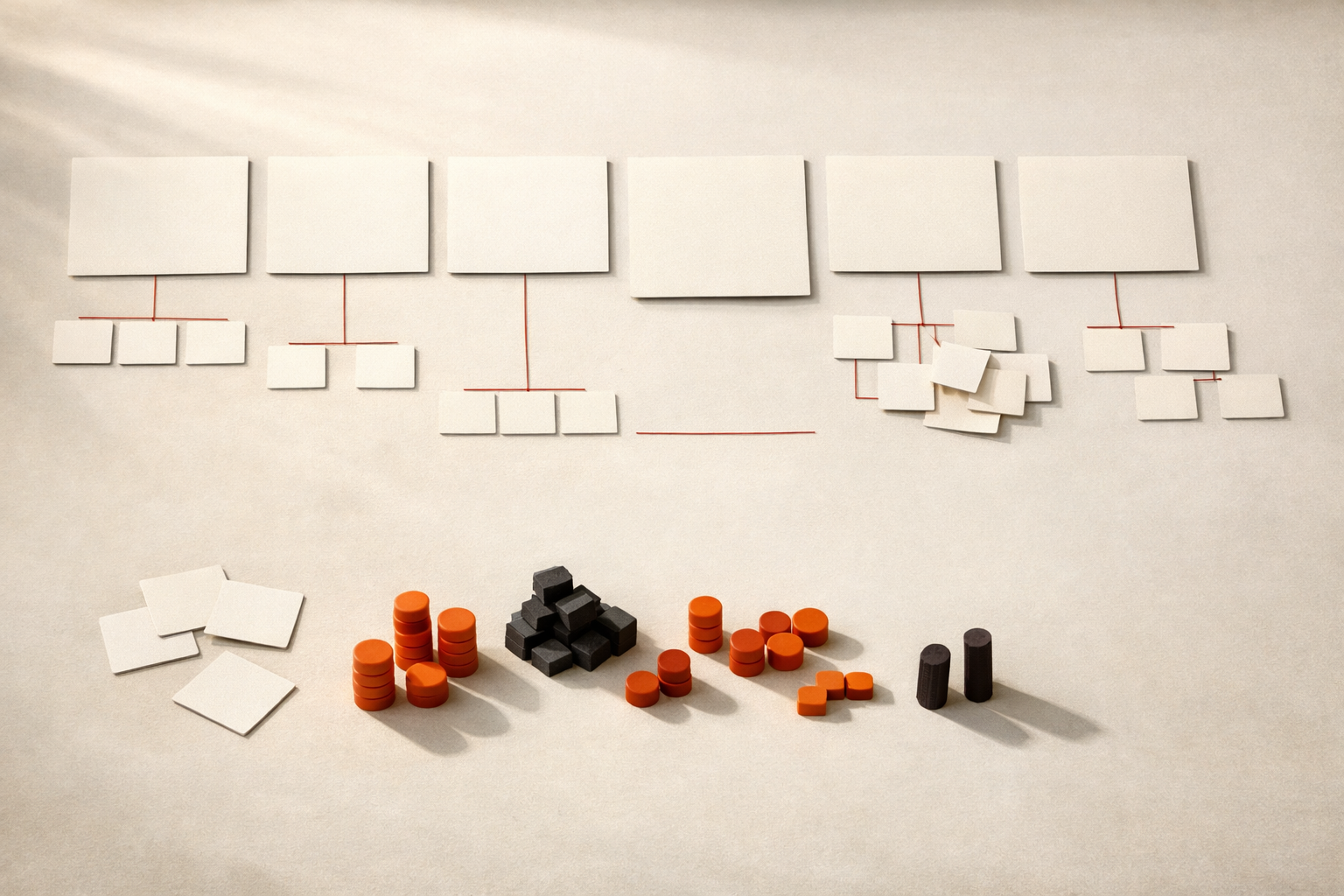 Blank outcome cards anchor clusters of recurring-work tiles, while disconnected tiles and empty spaces expose orphaned work, missing support, and unclear ownership.