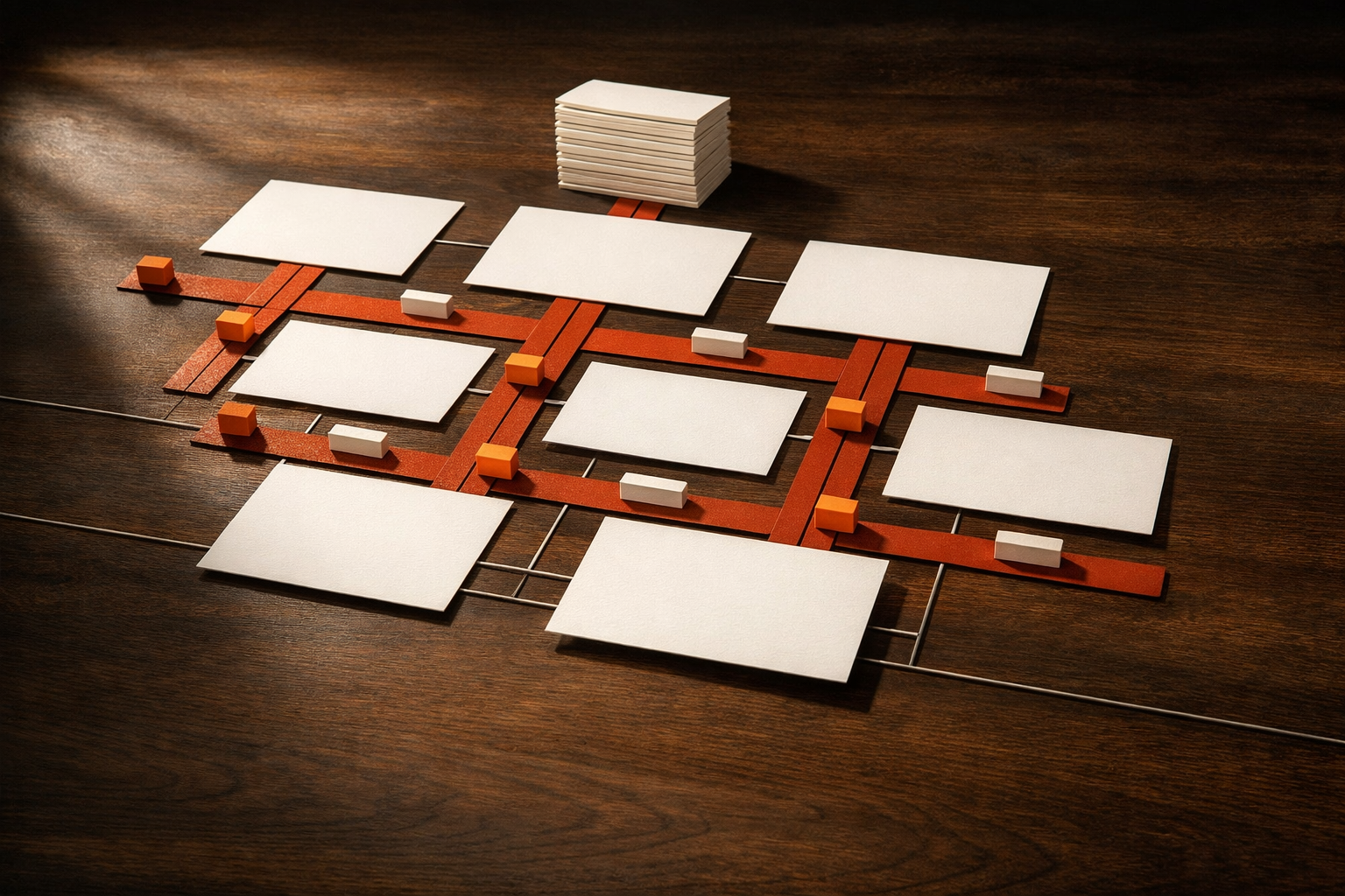 An unoccupied work surface where a rigid stack of blank cards opens into a flatter arrangement of outcome anchors, execution lanes, ownership markers, and review gates.