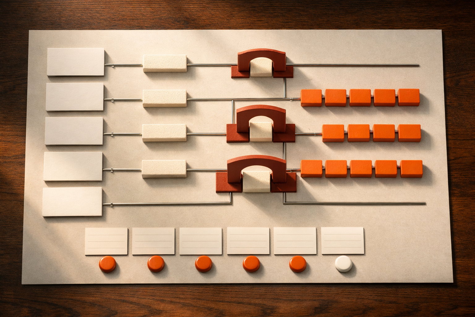 A one-page abstract work chart connects outcome anchors to separate judgment and agent-execution lanes, with explicit handoff gates and a single ownership token beside each lane.