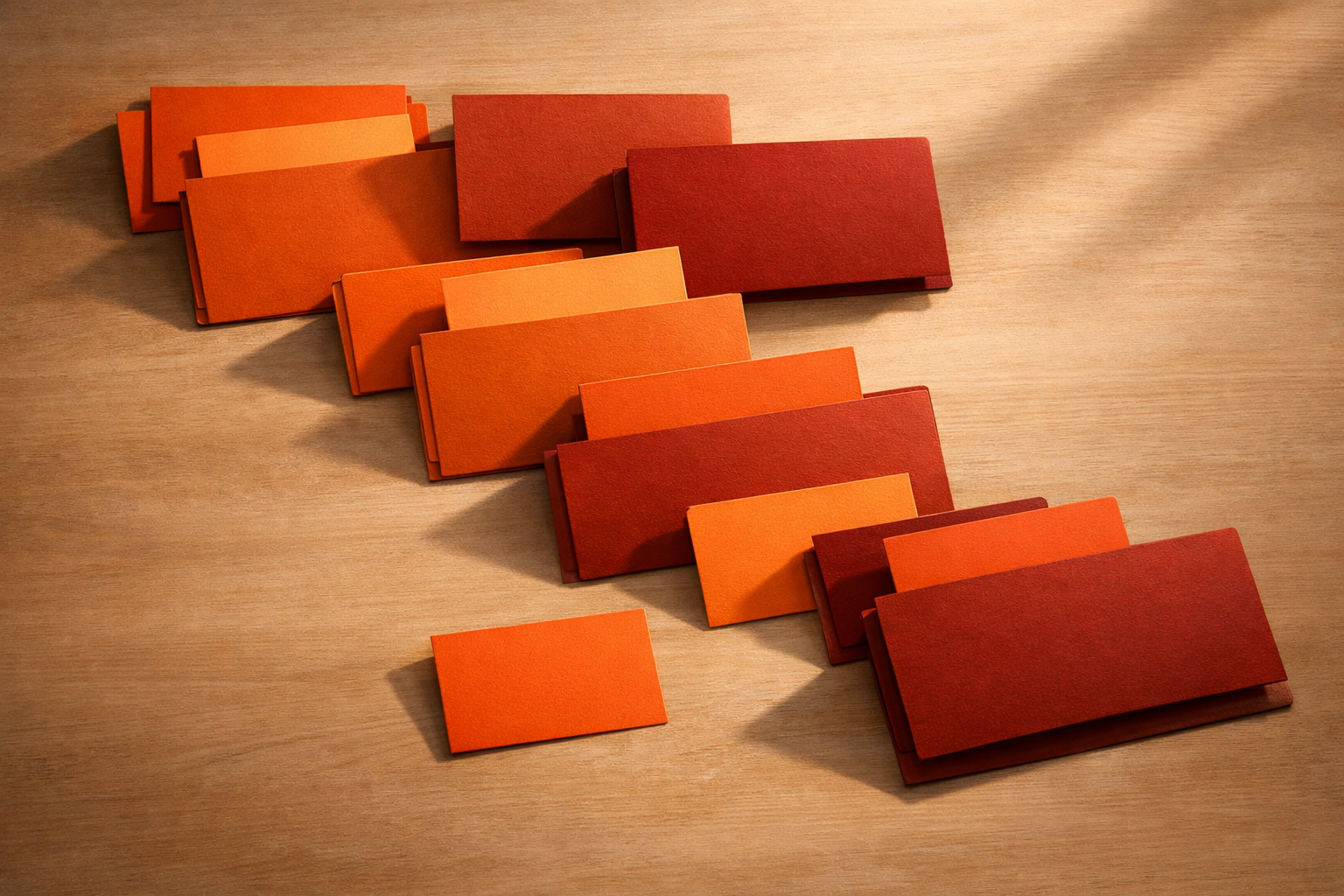 Top-down editorial view of orange and deep orange cards and file folders neatly arranged on a light table, some partly pulled forward as if to reveal their presence. The arrangement suggests no AI use is left unaccounted for. No text, people, or technology in view.
