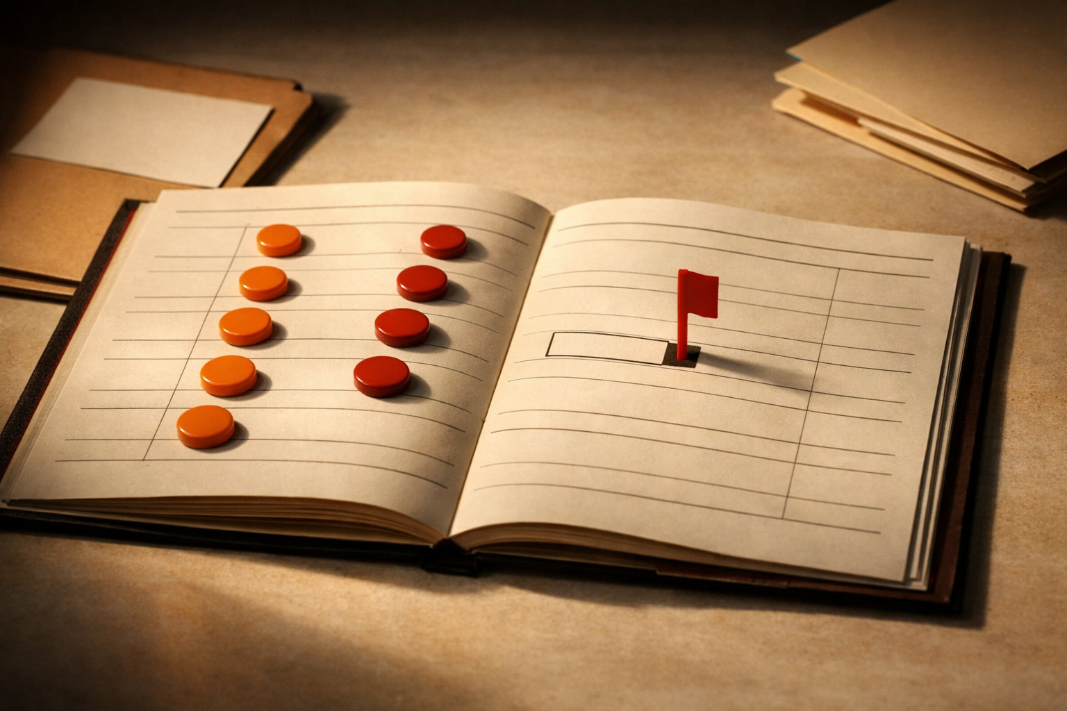 Editorial close-up of an open ledger on a workspace. Some lines are marked with orange and red tokens, while one clear row is signaled by an empty slot or vertical marker, suggesting a missing item or need for escalation. No text or people; only objects and light.