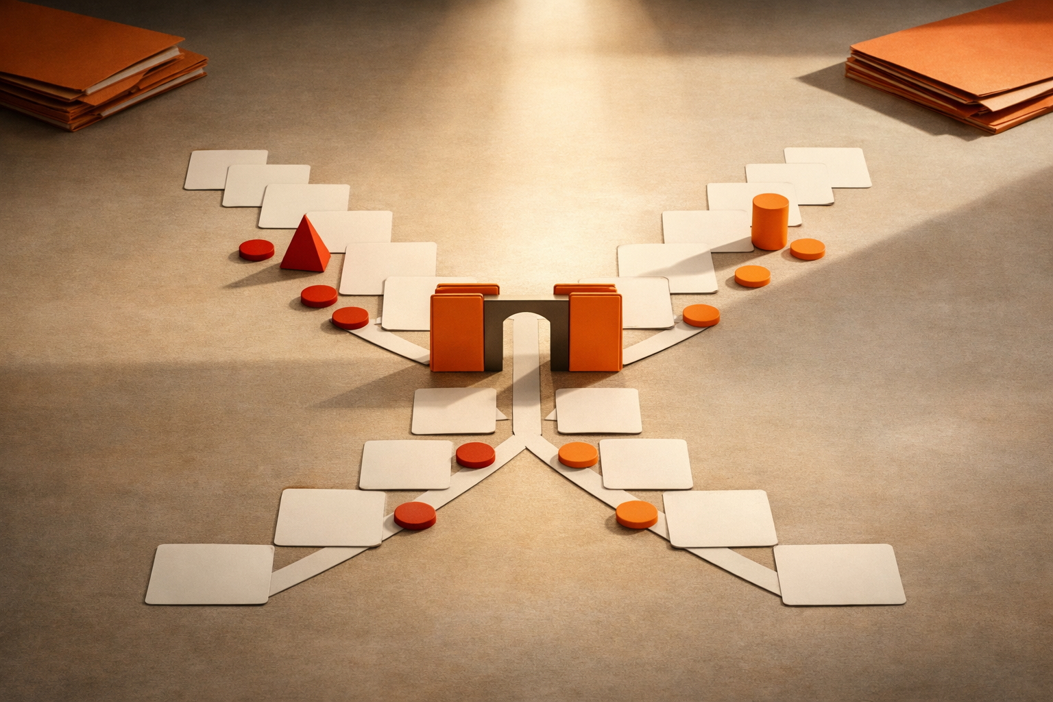 Editorial scene of orange and neutral cards laid out along two clear, branching tracks on a plain surface, converging and then splitting at labeled gates—representing classification by role and risk. Warm, intent light. No text or people.