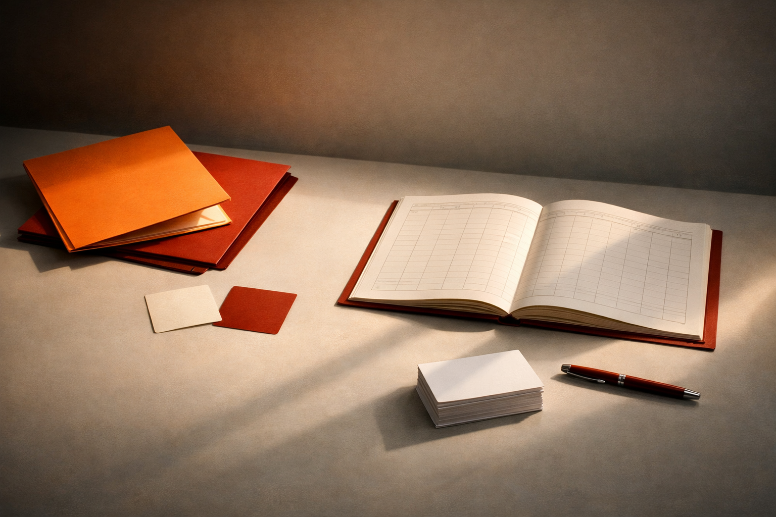 Editorial still life of a clean, organized desktop with open folders, a blank ledger, and soft light creating shadows. No people or text, just tools ready for mapping and compliance. Warm orange and neutral palette.