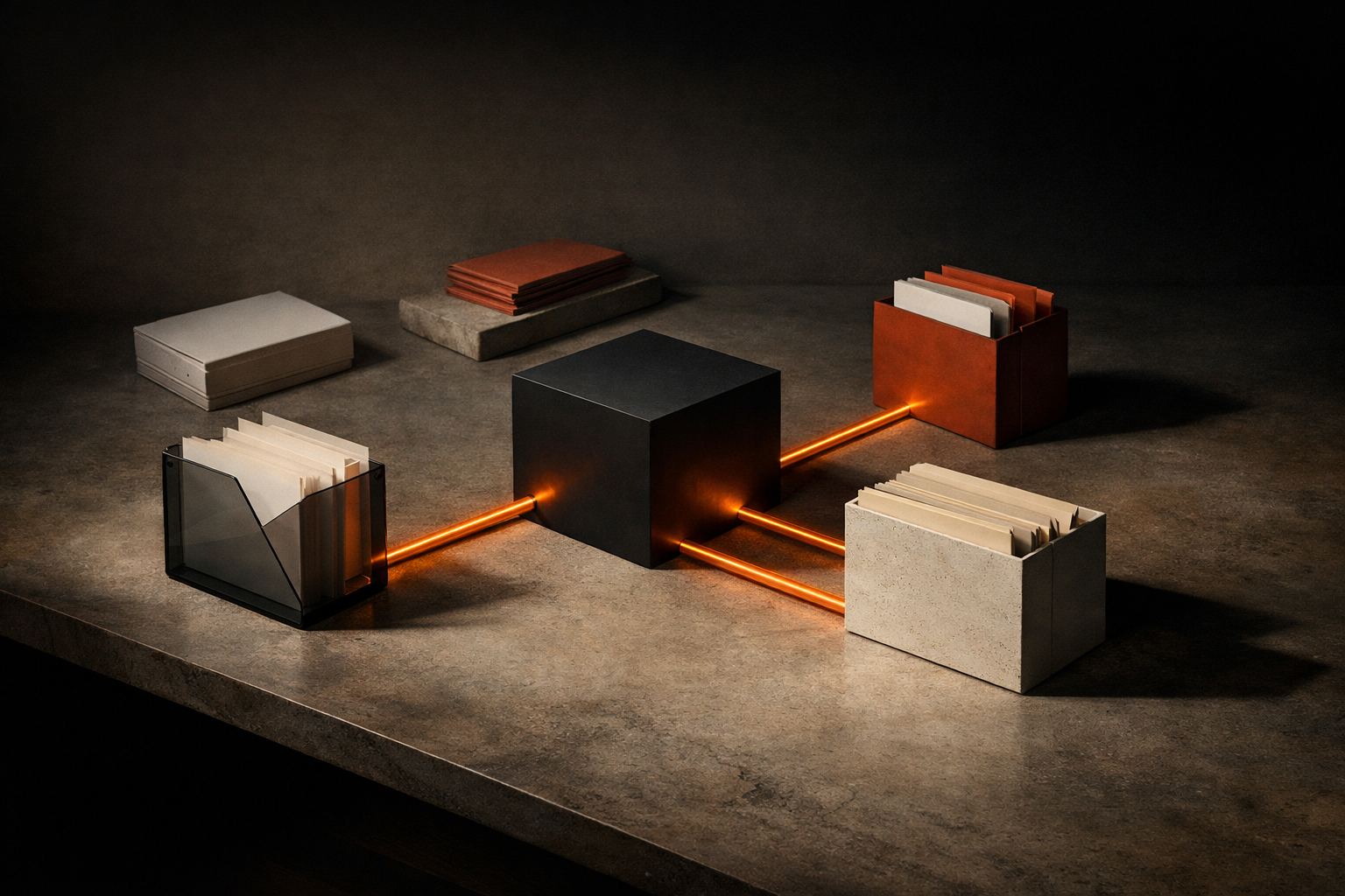 Three dense document archives feed narrow paths of warm light toward a central reasoning chamber, while other archives remain disconnected in shadow.