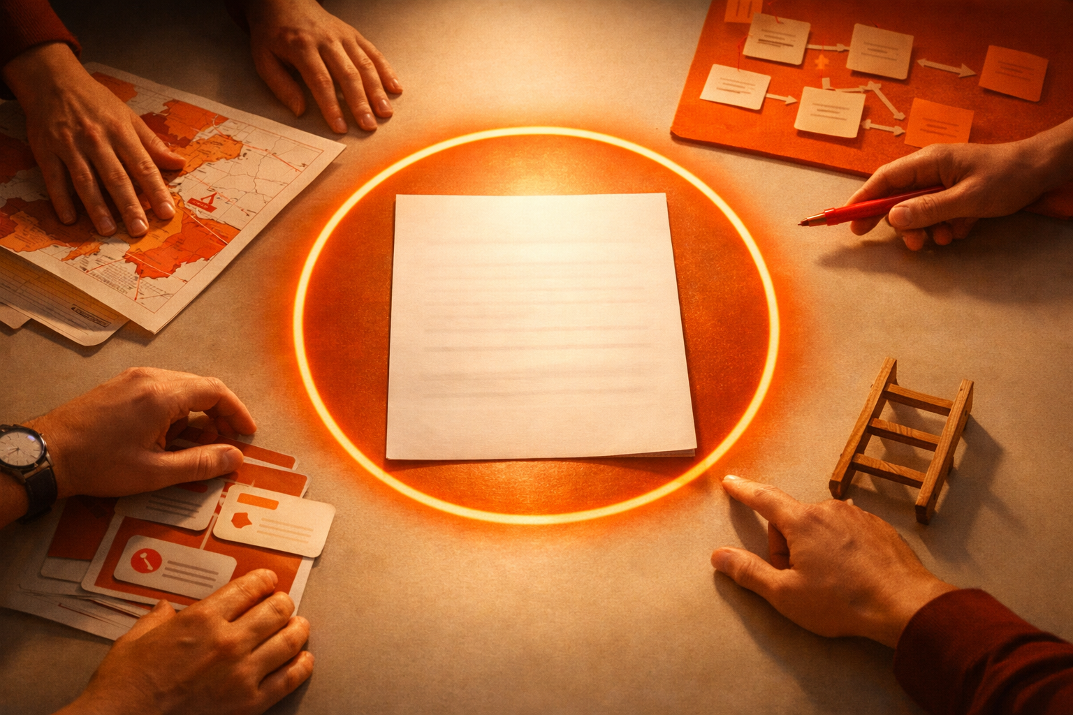 A focused, warm-lit tabletop with a physically prominent memo document at the center, visually collated with the earlier work artifacts - map, ladder, board, and skill templates - arrayed around it. A group of team hands (no faces) gathers for review and approval; the central memo is marked with a bold, illuminated orange circle as a decision point. Palette: orange, burnt red, white, restrained light. No visible text, signatures, stamps, charts, or screens.