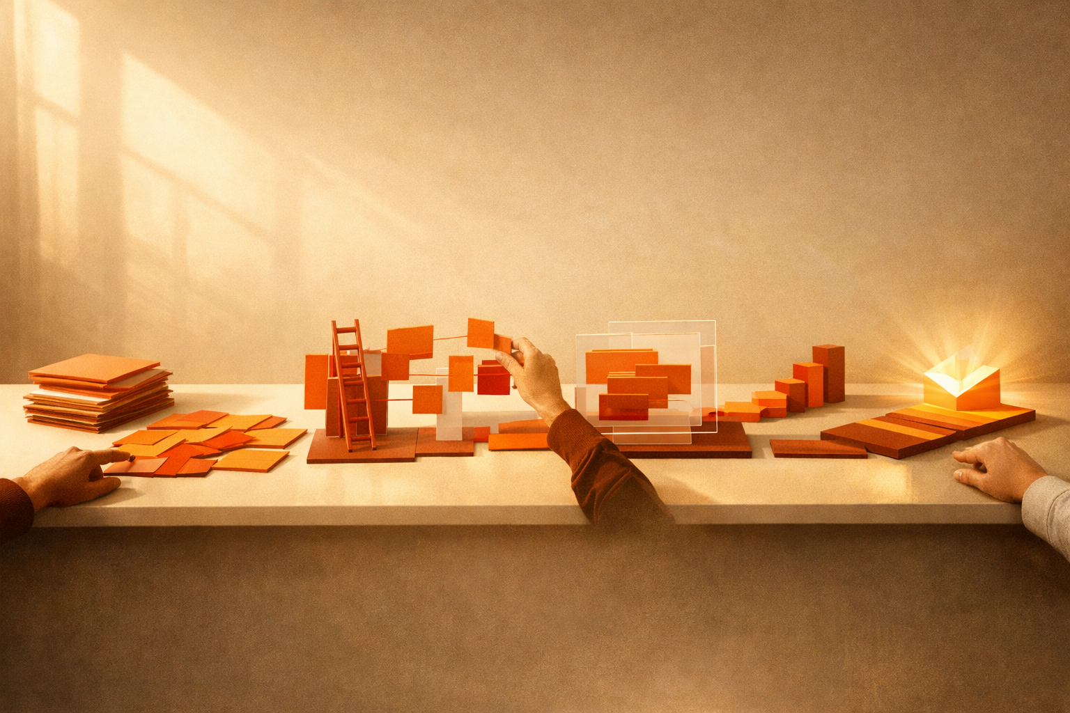 A warm, atmospheric editorial scene of a large, clean workspace where a long table is bathed in gentle, Renaissance-style sunlight. On the table, a set of abstract work artifacts - maps, ladders, boards, and stacks of neatly arranged documents - unfold in sequence, each glowing subtly from within. Human hands (no faces shown) are reaching in from the edges, discussing and reorganizing the artifacts, evoking collaboration and transformation. The color palette is Roast & Rise orange, burnt red, neutral light, and white with deep soft shadows and ample negative space. No visible text, logos, charts, or dashboards.