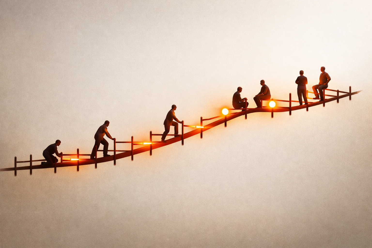 Editorial diagram of an abstract ladder structure spanning left (old roles/tasks) to right (new roles/tasks). Human silhouettes shift upward along rungs to new positions - shifting from hands-on to oversight, review, and direction. Agent steps are integrated into the ladder as differently colored rungs. Key escalation points and human review areas are subtly illuminated. Palette: Roast & Rise orange, burnt red, pale warm white. No visible text, job titles, or numbers. No generic charts or icons.
