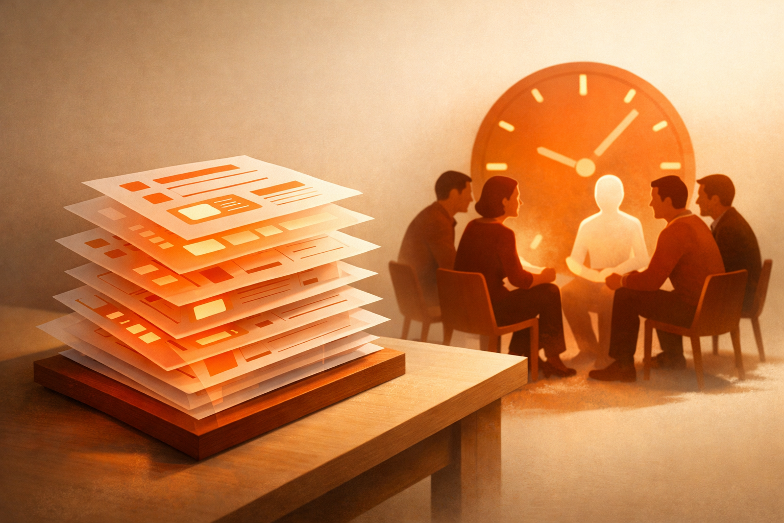A central, open shelf structure on a warm-lit table holds visible, layered task instruction templates - each sheet slightly offset, glowing with active use. Beside the shelf, a small circle of seated humans and an abstract agent icon gather for a recurring review, with an illuminated clock symbolizing the ongoing rhythm. Palette: orange, burnt red, white, and light neutrals. No visible text, labels, or numbers. The scene focuses on clarity, cycle, and accessibility, not screens.