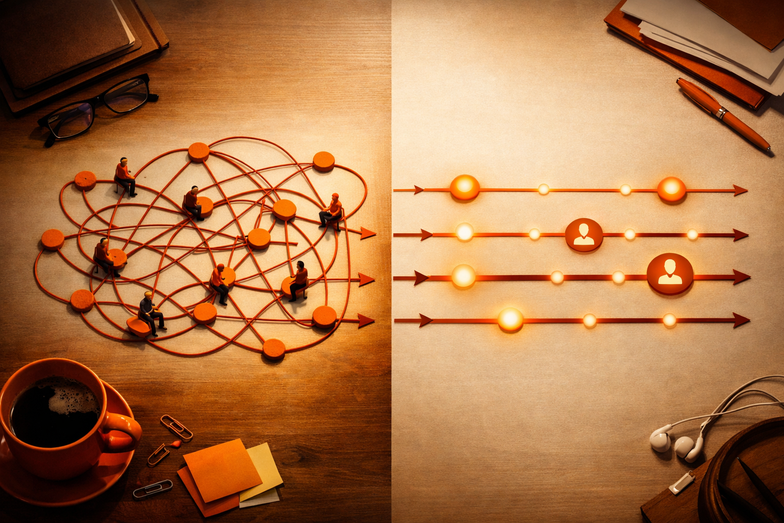 An editorial diagram on a warm-toned work surface: a before-and-after workflow map. On the left, an organic path with bottlenecks and human figures at key steps (all abstracted, no faces), each step indicated by tactile orange markers. On the right, a more parallel, luminous path where several steps branch and converge, icons for agents (abstract, not robots) fit into the flow, and critical review points remain highlighted for humans. The palette is orange, burnt red, and white. No text, numbers, charts, or UI elements.