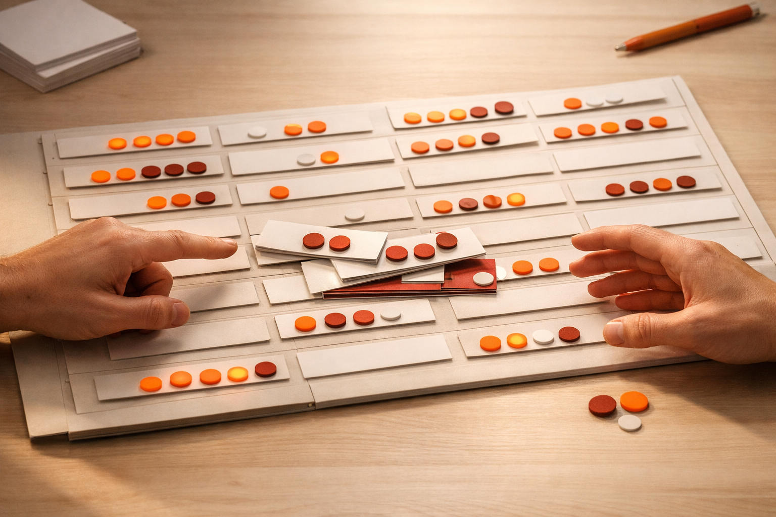 A warm-lit tabletop scene with an open Parallel Delegation Board: rows of visually distinct 'cards' represent agent task runs, each showing progress, blockers, and results in tactile, colored tokens. Some cards sit cleanly in parallel while others show small breakages (misaligned, stacked, or flagged). Two human hands point to cards where blockers exist. Palette: orange, burnt red, white, and soft neutrals. No visible text, numbers, or UI elements; board structure is clear from layout and iconography only.
