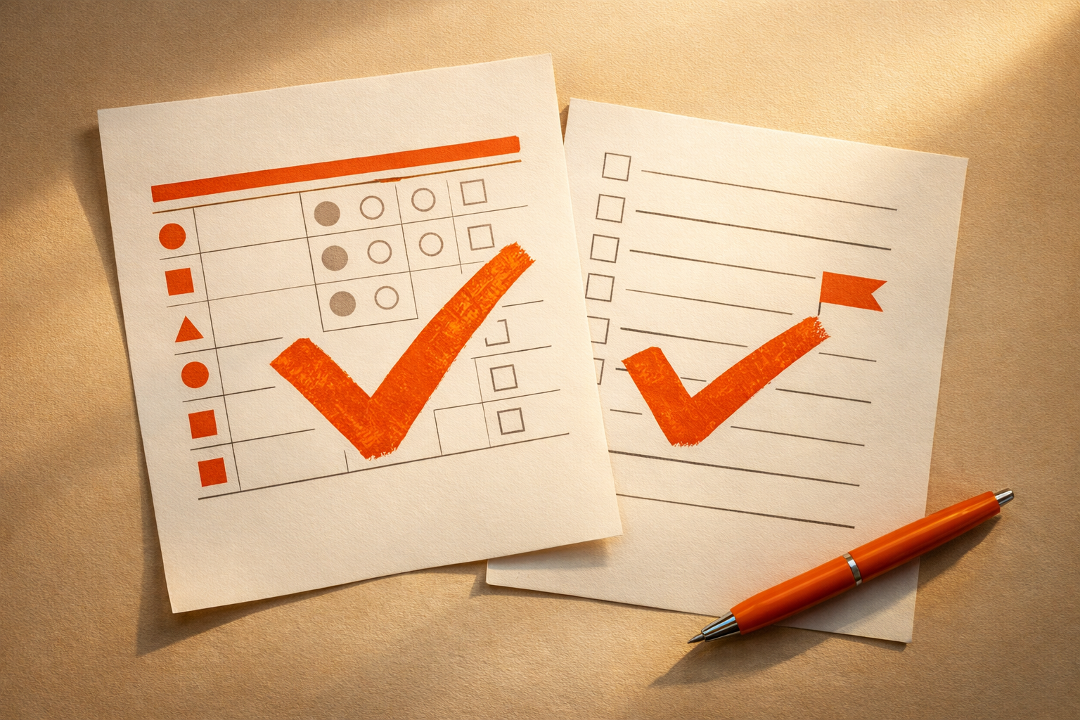 A close-up of an orange-accented review rubric sheet and output checklist on a warm-lit tabletop. No visible text, numbers, UI, dashboards, or logos.