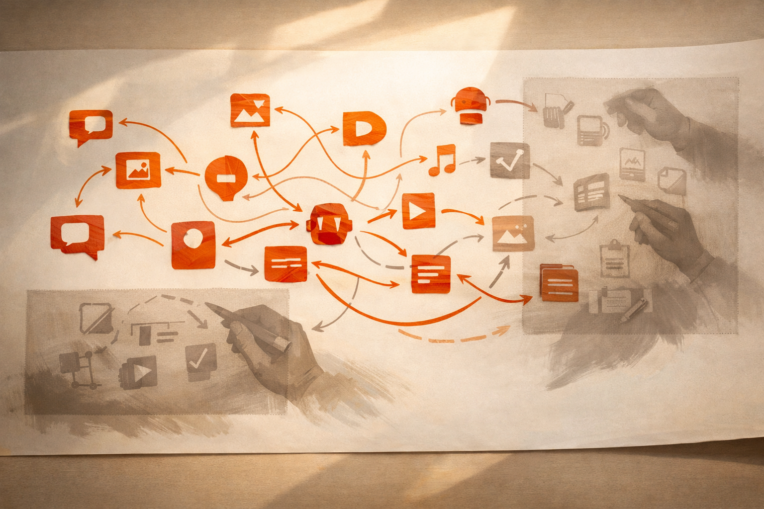 A hand-drawn process map across a work surface with many node-like icons, shadowed paths, and orange highlights. No visible words, numbers, logos, or app UIs.