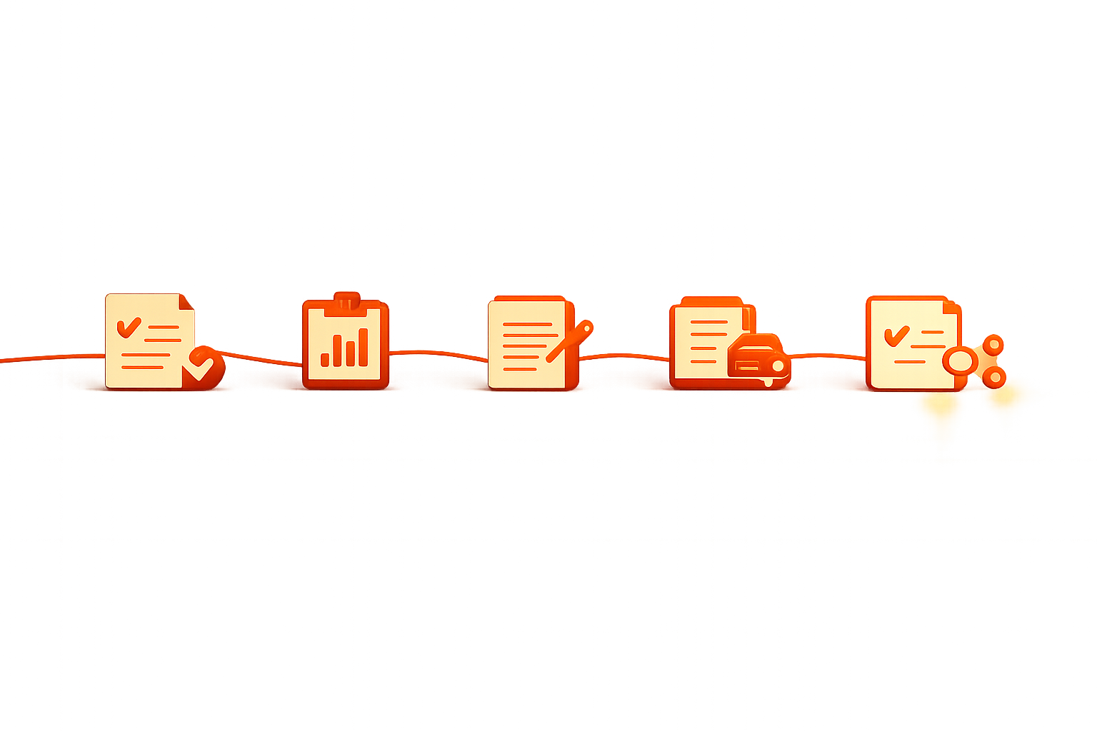 A minimal horizontal timeline across a warm-lit workspace with abstract document icons and orange accent arcs. No text, letters, numbers, dashboards, or logos.