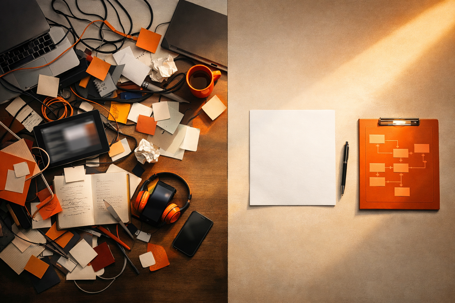 A cinematic editorial scene: a warm-lit work surface with scattered AI-related objects on one side, then a clean sheet, pen, and highlighted orange workflow artifact on the other. No visible text, UI, logos, charts, or numbers.