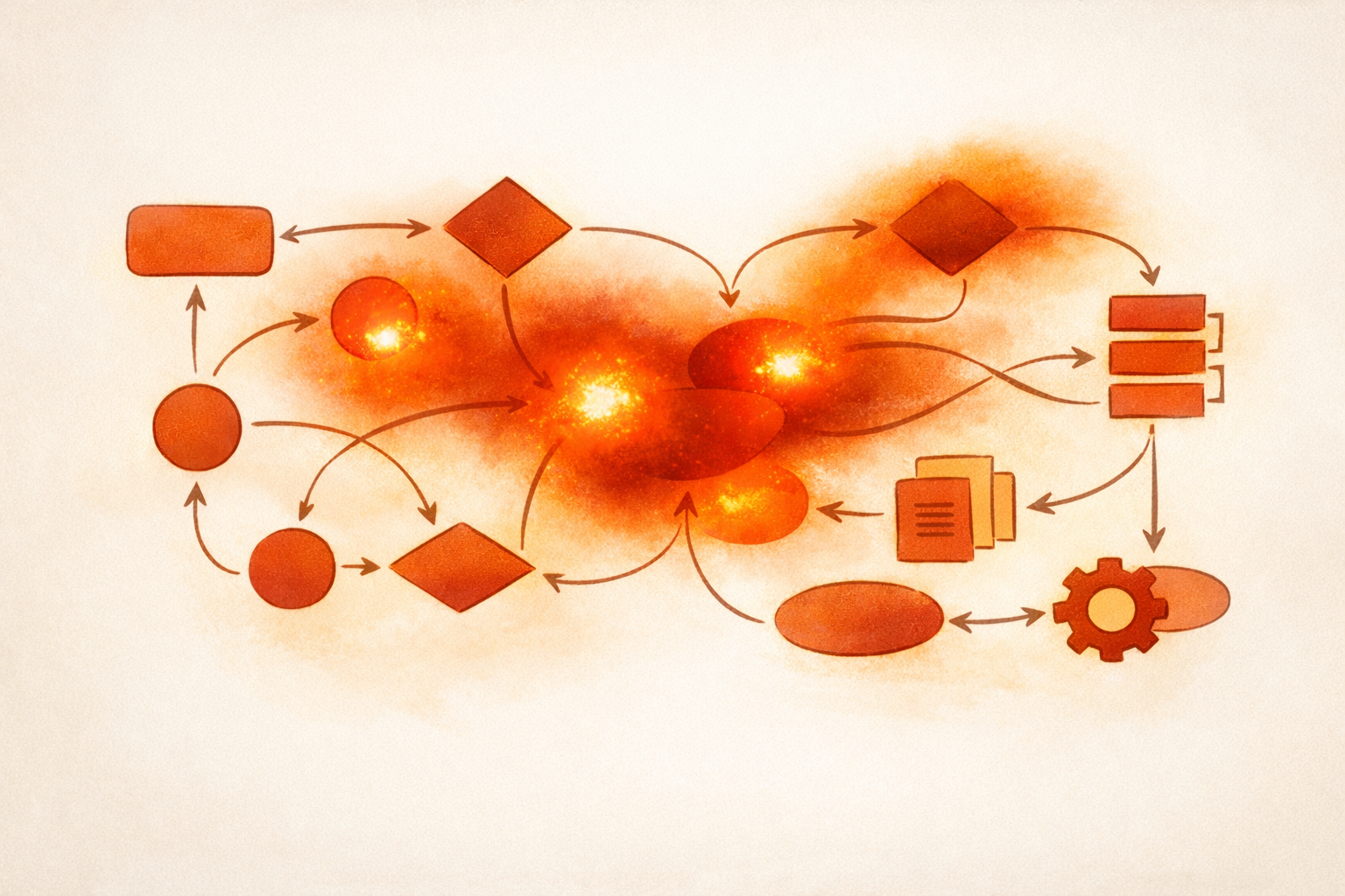 A stripped-down heat map over a process diagram, with orange hotspots marking duplicated steps, rework, and cleanup zones. No visible words, numbers, or dashboards.