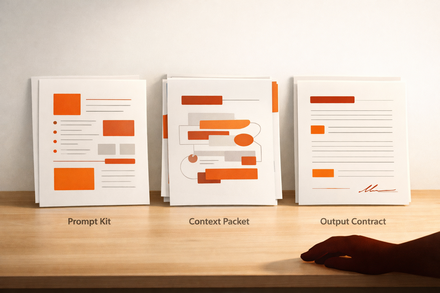 Three related artifacts, a prompt kit, context packet, and output contract, arranged in alignment on a bright work table. No text, numbers, UI screenshots, dashboards, or logos.