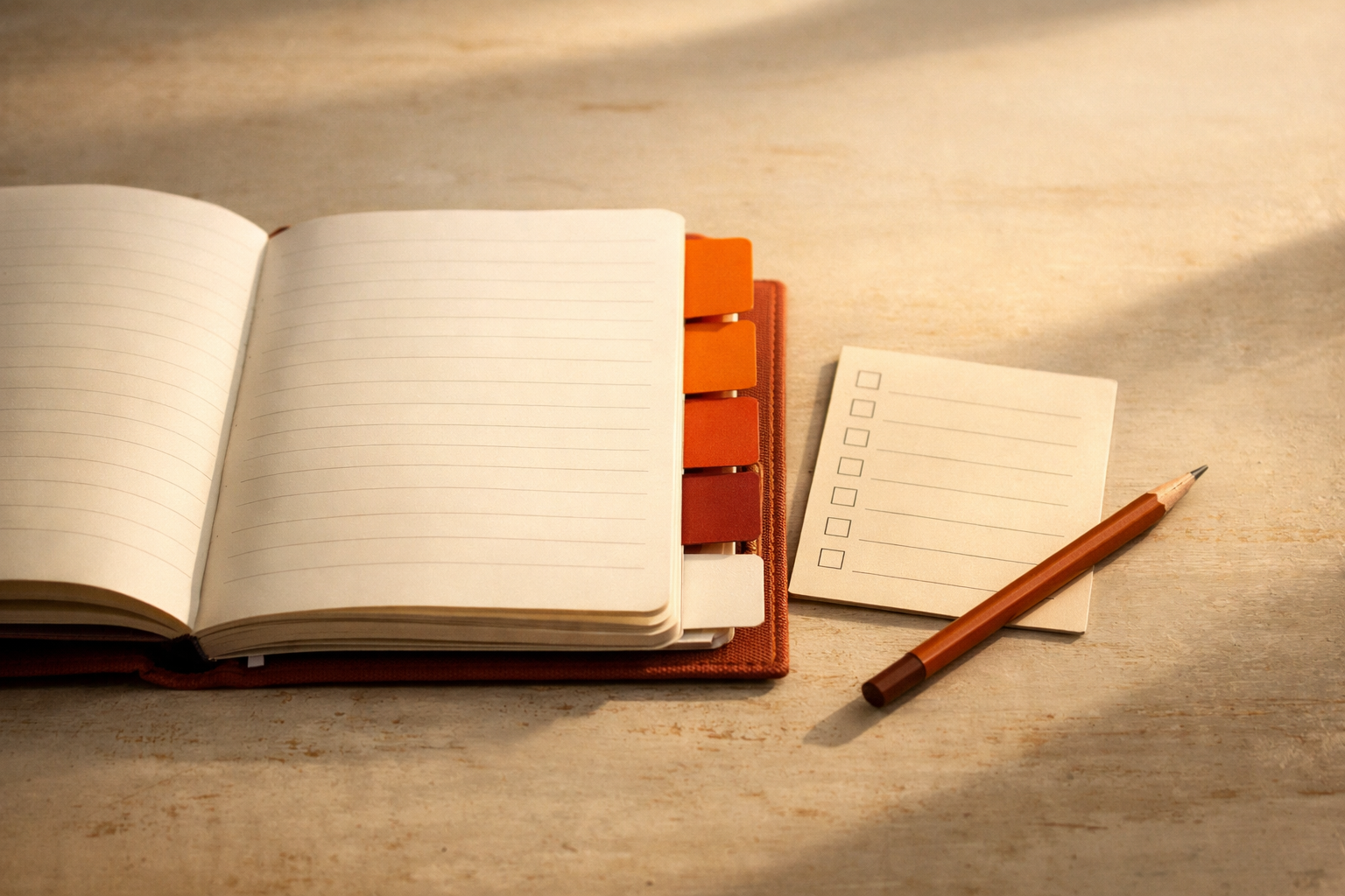 Neatly composed artifact scene: a small, hand-bound memory booklet lies open on a sunlit table. Inside, several coloured tabs or markers divide sections - signals, owner assignment, freshness check, assumptions/gaps - without using text. Tucked alongside are a dated checklist card, a pencil laid gently across the top, and a single empty marker slot, hinting at a known gap. No people, body parts, or handwriting. Orange, deep orange, and soft warm neutral dominate. Scene is minimal, elegant, with just enough props to suggest purpose. No UI, words, numbers, or branded documents. Editorial cinematic light, visible material textures (paper, cloth tabs, wood).