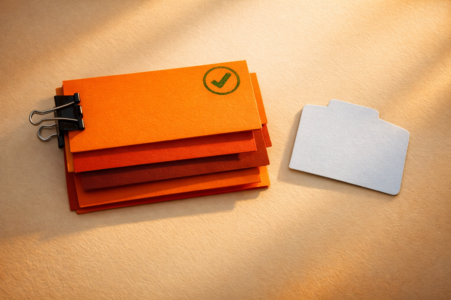 Cinematic, close-up editorial still of a buttoned daily brief: a stack of clipped cards, each distinctly colored for signals, changes, actions, and uncertainties (text-free). An ink stamp or colored tab marks the approval spot, while a small, empty approval marker rests beside a clearly separated override slip - suggesting choices yet to be made. Warm directional light, sharp focus, strong shadows. No people, hands, names, or text. Dominant orange, burnt red, and brand white on a neutral tabletop. Serious, intentional; no confusion, no clutter, no digital screens, no UI, logos, or food.