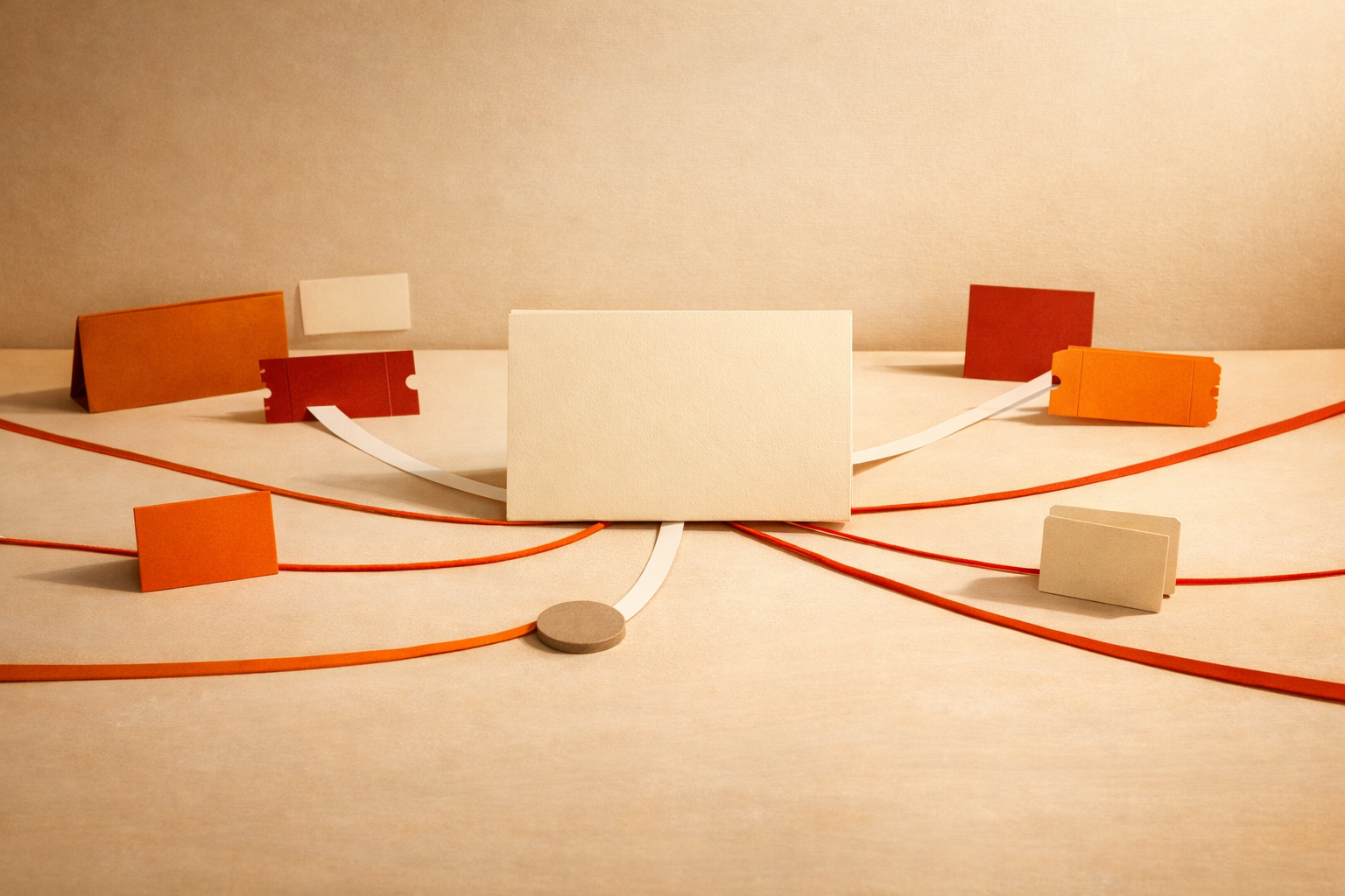 Editorial diagram scene: several simple, tactile tokens represent different live signals (e.g., POS, reservation, roster, inventory, weather) - each on a small, distinct card or object. All are laid out on a neutral, lightly textured table. Strings or straight-paper strips connect these items to a central, empty decision card, denoting where choices are made. A single question mark token rests beside a connection to show a gap where judgment is needed. Scene is composed intentionally with space: not crowded, no visible text or numbers. No people, hands, or devices. The color palette is brand orange, deep orange, and neutral warm light. Serious, cinematic, with shadows and crisp borders.