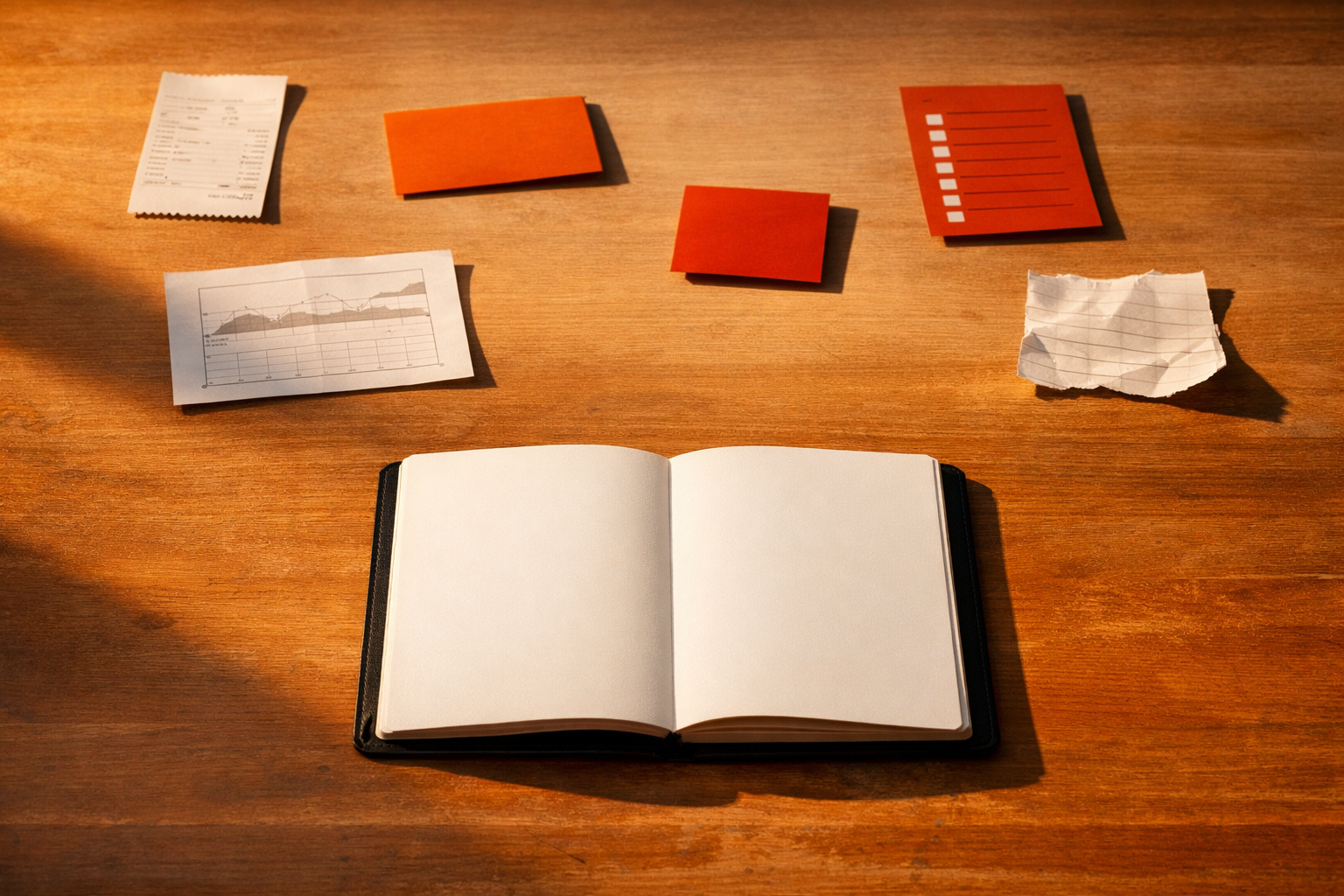 A cinematic overhead shot: a restaurant table in warm, angled morning light. Spread out on the table are unconnected objects - printed sales slips, reservation notecards, a handwritten inventory sheet, a weather printout, scraps of shift notes. They are arranged with visible distance and tension, each casting a distinct shadow. In the foreground, an empty, clean booklet or folio stands ready to bring order to the fragments. No people or body parts. No visible text or numbers. Brand orange and deep warm tones set the palette. Editorial, sharp, deliberate composition, generous negative space.