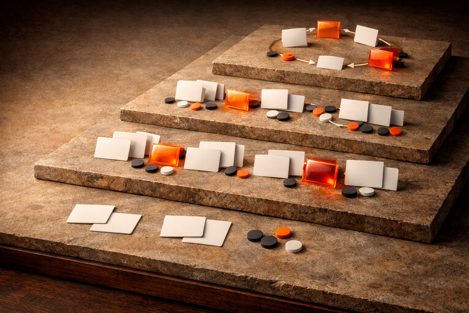 A field of scattered blank usage cards is sorted into four rising levels, with a few evidence sleeves illuminated as hidden wins.