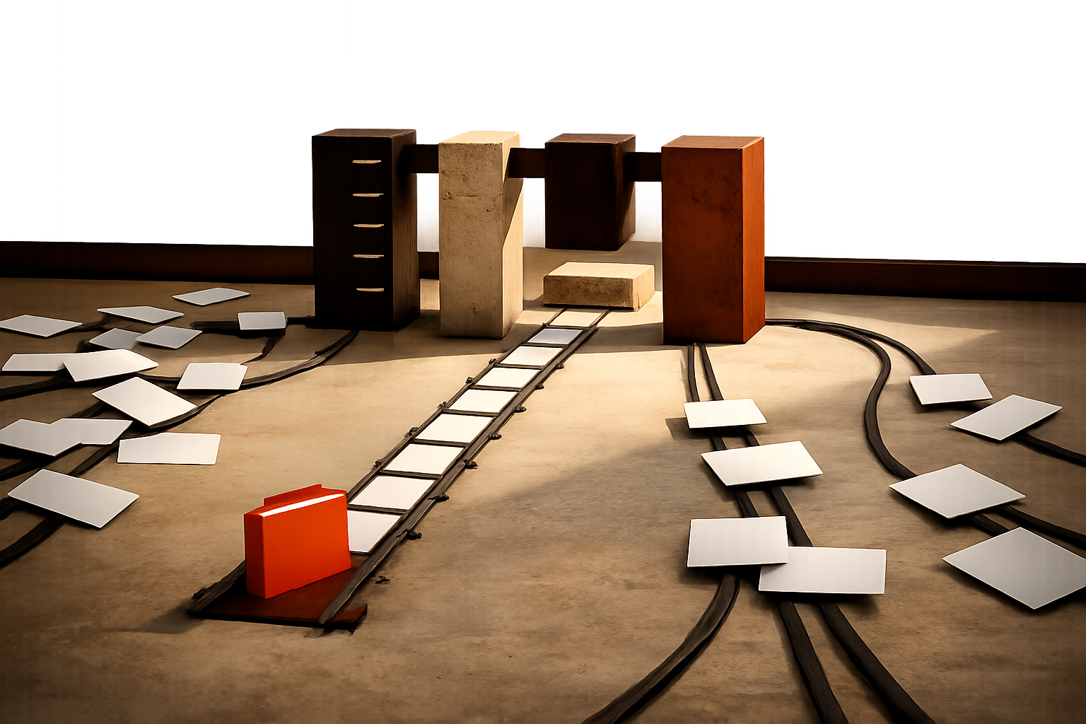 Several candidate workflow paths approach a four-part selection gate, while one structured path continues to a fixed baseline marker.