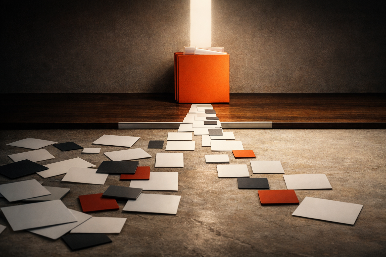 Scattered blank cards converge toward a single illuminated workflow path, shifting from diffuse activity to measurable direction.