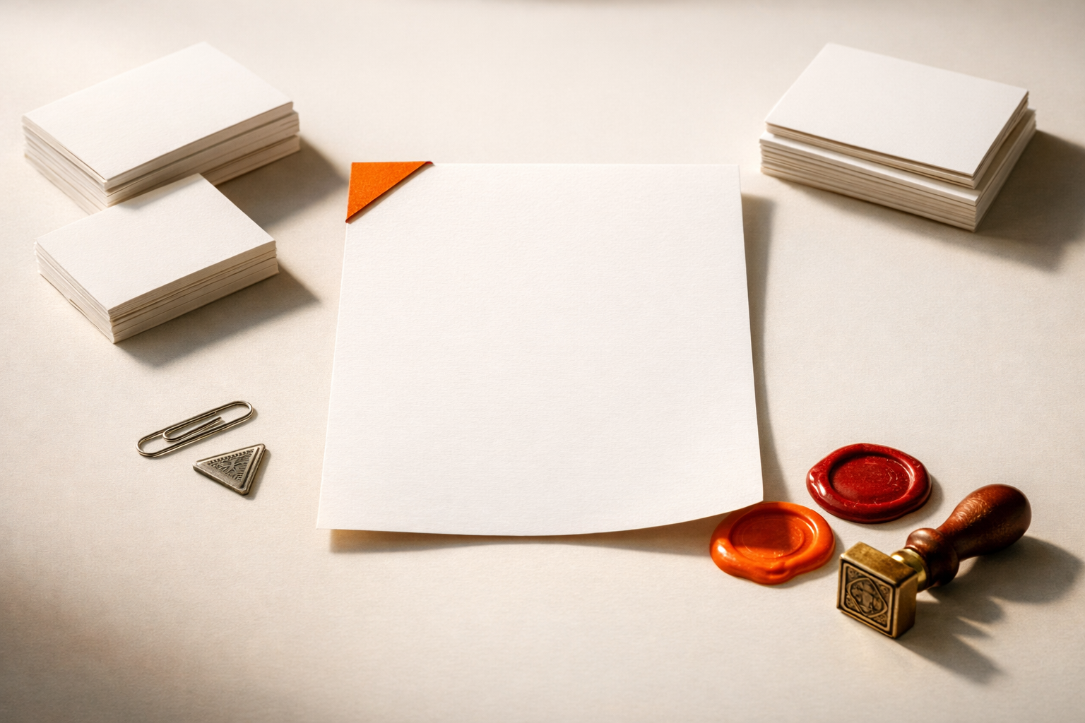 Editorial desk surface with a sharp, single memo page centered, flanked by stacked offer cards and evidence tokens (clips, stamps, embossed seals). The memo sheet is prominent, well-lit, and overlies fragments of other documents, showing it is a synthesis. Pale orange highlight (ribbon, corner, or wax) denotes focus and finality. No visible handwriting, numbers, or brand marks. The whole desk is uncluttered, cinematic, serious.